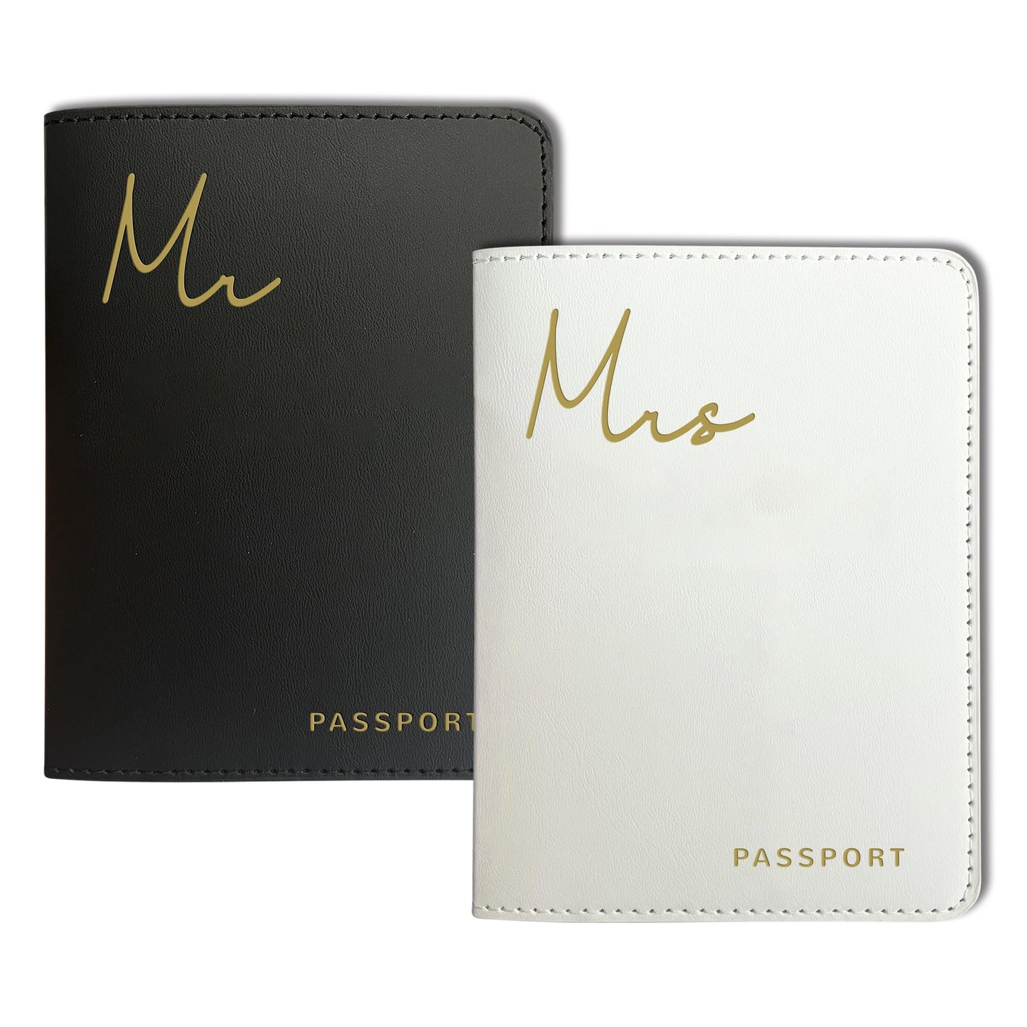 Mr&Mrs Gifts Matching Passport Holders for Mr and Mrs, Gold Foil Logo, Dual PU Leather with Card Pockets, Honeymoon Travel Essentials Gift for Newlyweds(MM Black White)