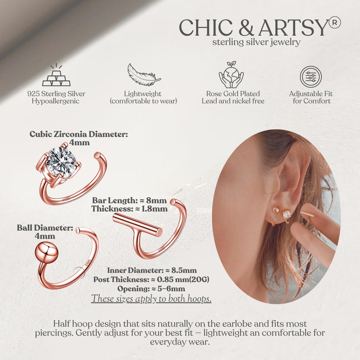 18K Rose Gold Plated 925 Sterling Silver Half Hoop Earrings Set Small 3 Pairs Sleep Huggie Hug Hoops Open Hugger Hoop Earrings Tiny Cartilage Earring for Women