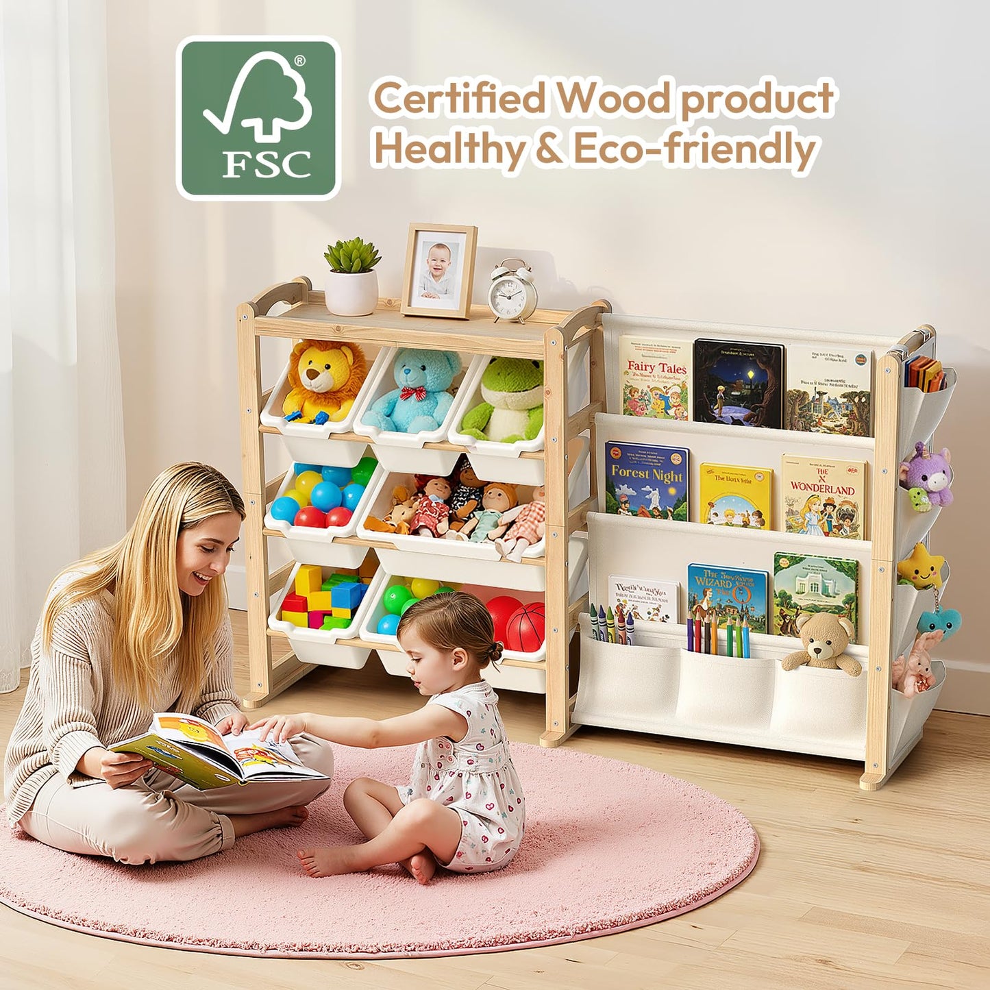 Fodoss Book Shelf for Kids Rooms - Toy Storage Organizer with Bookshelf, Solid Wood Kids Bookshelf with 7 Bins, Side Storage Pockets, Large Toy Organization for Nursery, Natural Pine