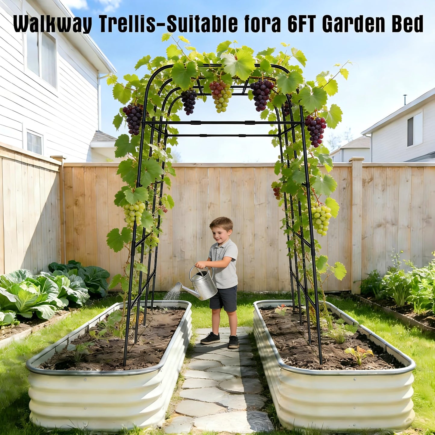7Ft Adjustable Garden Arch Trellis for Climbing Plants Outdoor, Heavy Duty Rustproof Stainless Steel Cucumber Trellis for Raised Beds, Tall Metal Plant Support for Tomato, Squash, Beans, Flowers