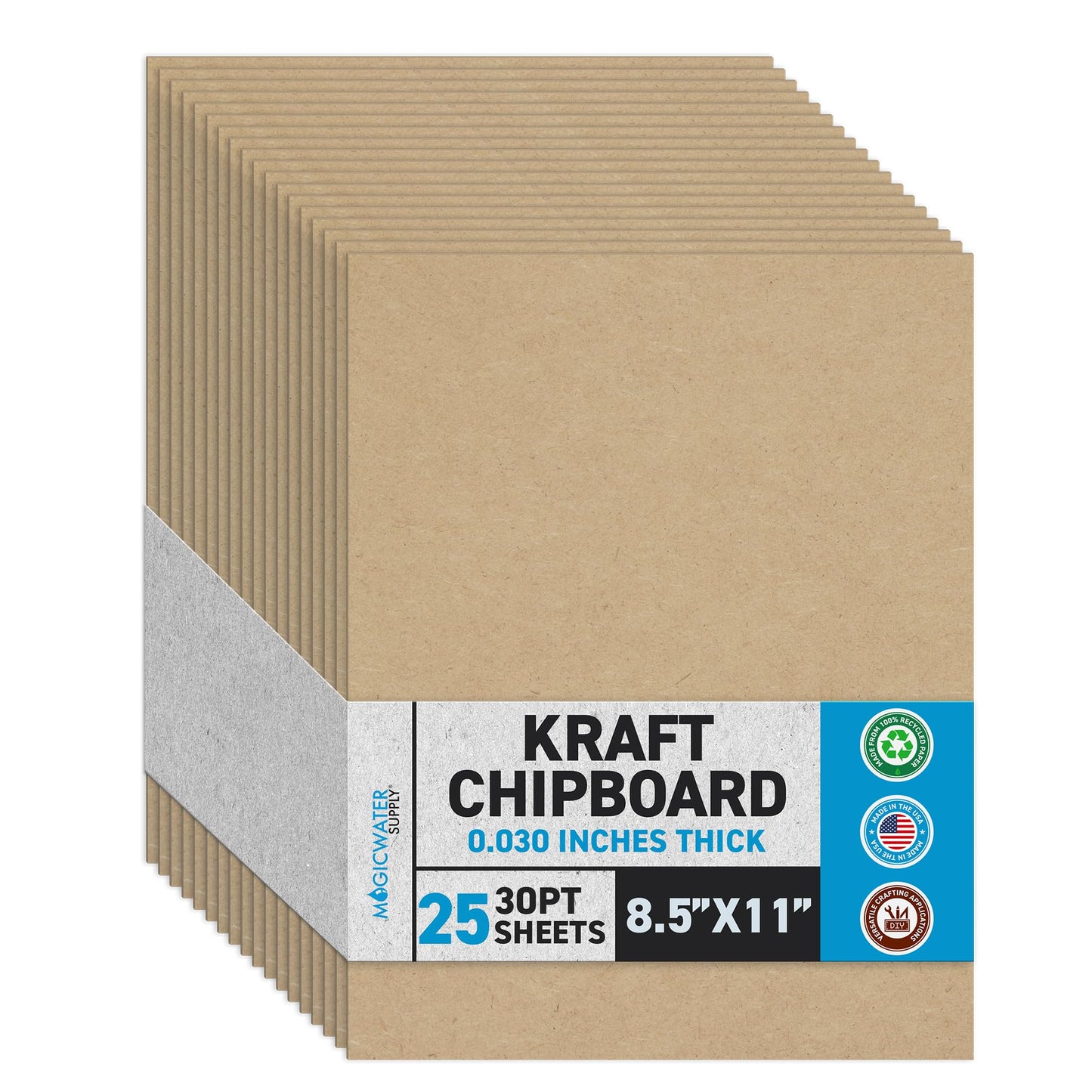 MagicWater Chipboard Sheet for DIY Projects - 8.5x11 Inch - 25 Pack - 30 pt - Heavy Duty Kraft (0.030 Inch Thick) Paperboard, For Scrapbooking, Books, Picture Frame Backing, Arts Project & Crafts