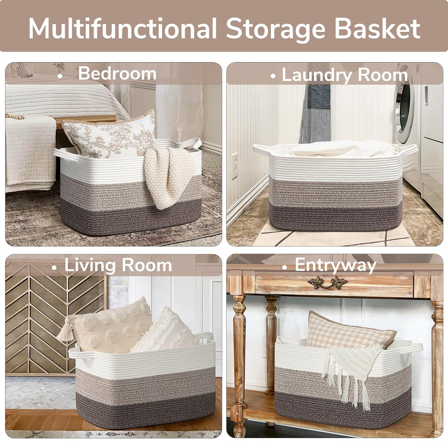 Goodpick Large Woven Storage Basket, 21.6"x14.9"x11.8", Blanket Storage for Bedroom and Living Room, Rectangle Rope Baskets for Storage, White Brown