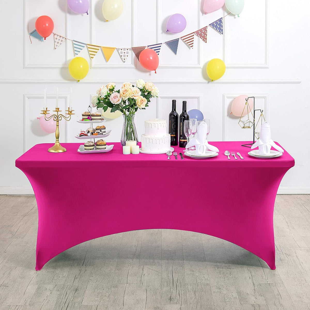 2Pack Spandex Table Cover for 8FT or 4ft or 6ft Table Universal Fitted Stretch Tablecloth for Party, Banquet, Wedding and Events-Fuchsia