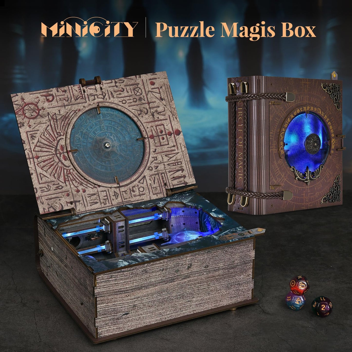 MiniCity DIY Book Nook Kit, 3D Wooden Bookend Bookshelf Insert Decor with LED Light, 278 Pcs Craft Kit for Teens & Adults (Circle of Magic)