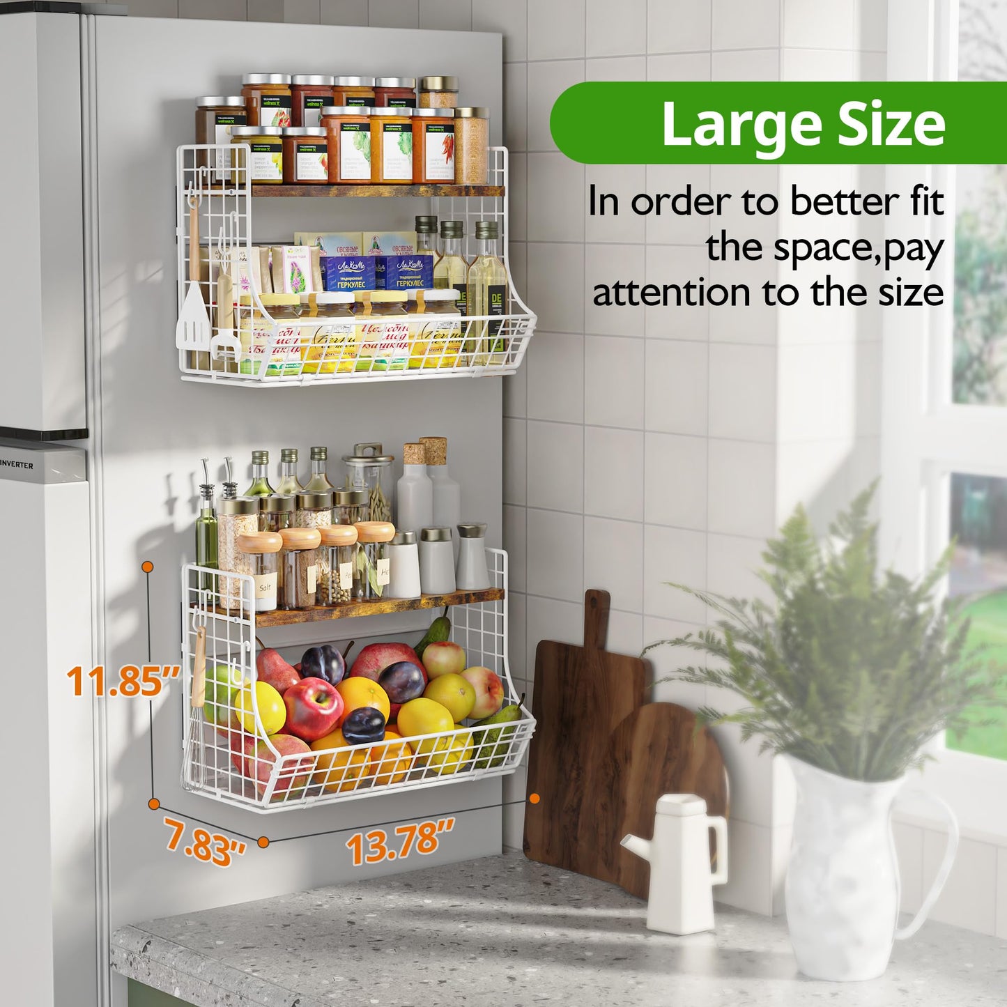 Magnetic Shelf for Fridge with Wood Lid, Fruit Potato and Onion Storage Bins, Pantry Organizers and Storage, Strong Magnetic Spice Rack for Refrigerator, Kitchen Counter and Laundry Room (X-Large)