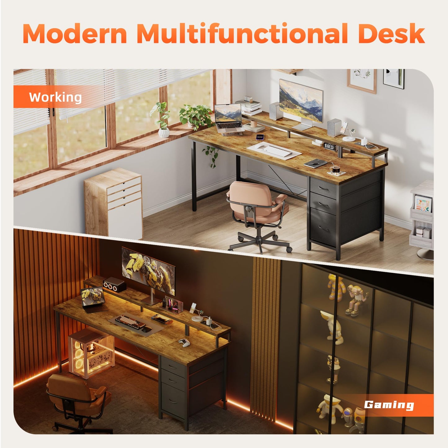 Mericonia Computer Desk 55 inch with Power Outlets & LED Lights, Gaming Desk with 3 Drawers for Home Office, Small Desk with Monitor Stand for Small Spaces, Study Writing Desk
