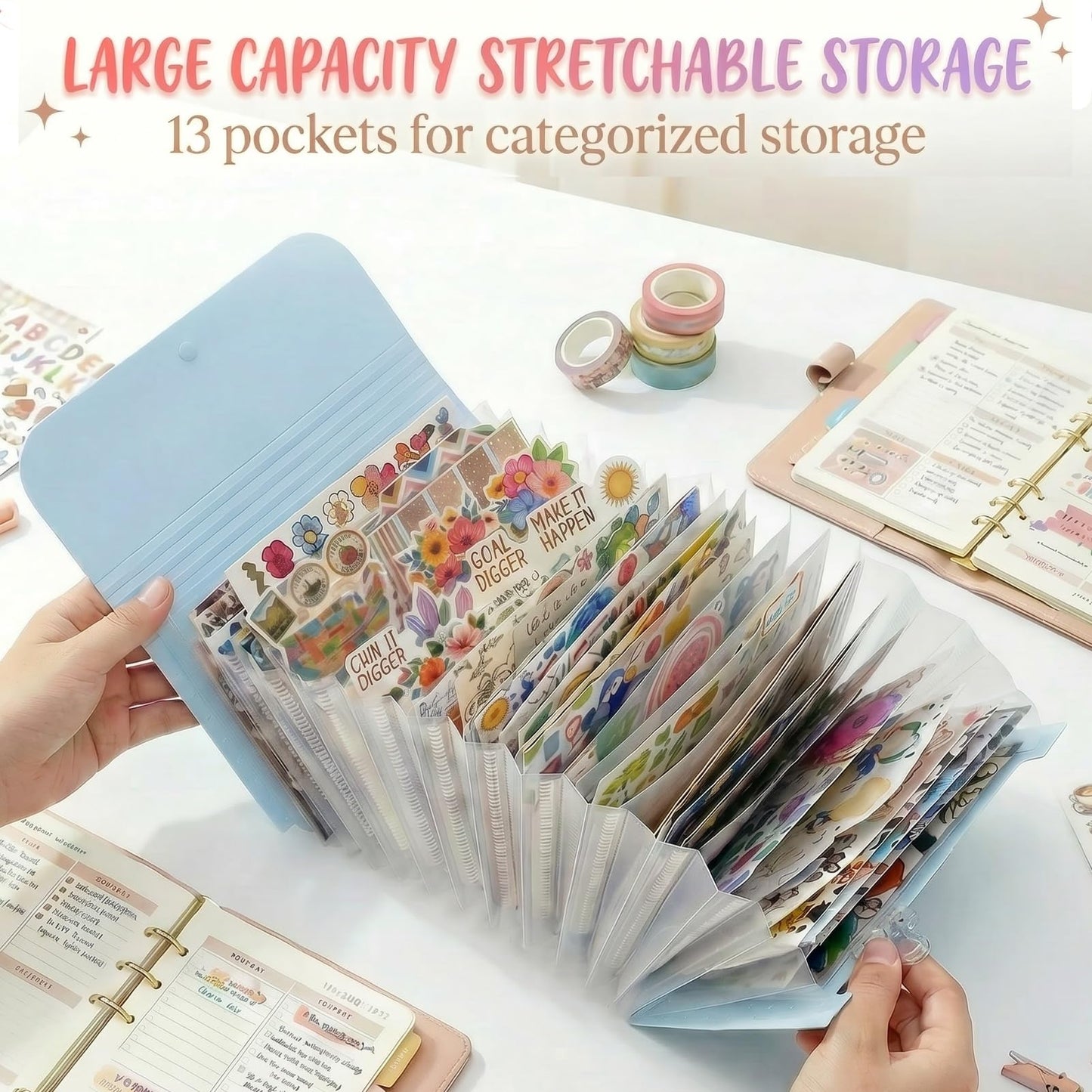 Sticker Storage Organizer with 13 Expandable Pockets, Multi-Layer Desktop Sticker Binder for Scrapbook Essentials and Journal Organizer, Large Capacity for Thick Sticker Album, Washi Tape(Blue)