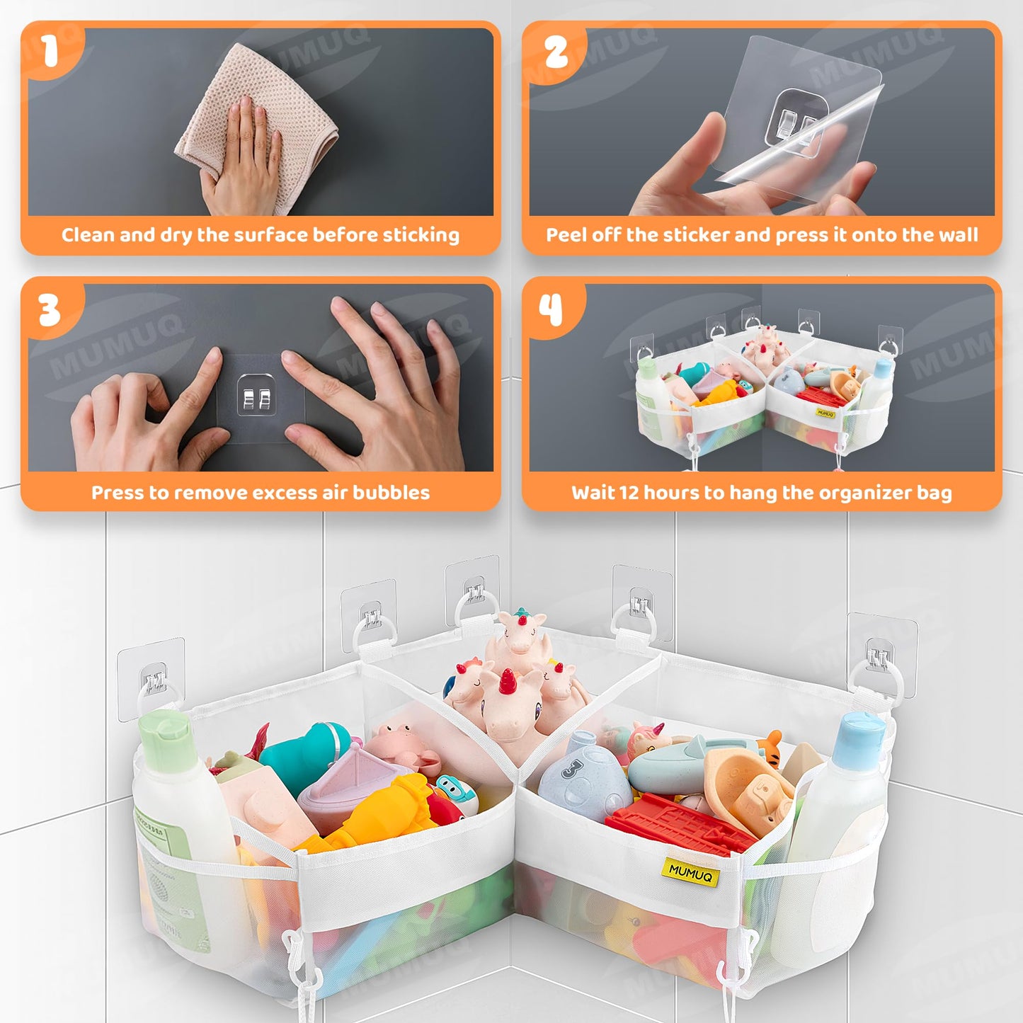 MUMUQ 3 Compartments Bath Toy Storage Corner Bath Toy Holder for Bathtub, Kids Tub Toys Organizer with Adhesive Hooks, Quick-Drying Machine-Washable Mesh Bathroom Organizer for Tidy Bathtub