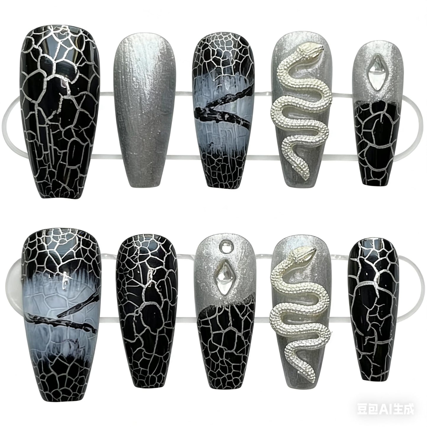 Handmade Press on Nails Square 3D White Snake & Gemstone Decoration with a Black and White Snake Pattern Temperament Style Acrylic Nails Press on Handmade Nails Luxury Press on Nails(S)