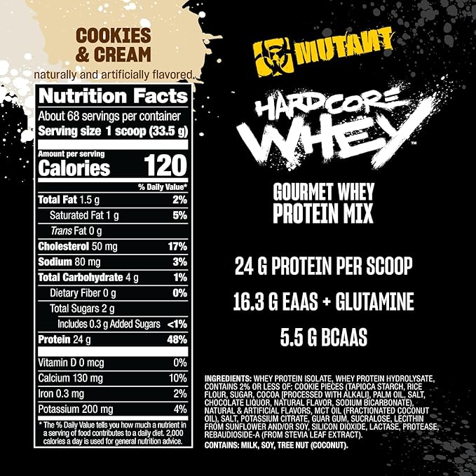 Mutant Hardcore WHEY | 100% Pure Whey Protein | 24g Protein, Fast-digesting whey Protein Isolate Plus whey Protein hydrolysate | 70 Servings | 5 LB | Cookies & Cream