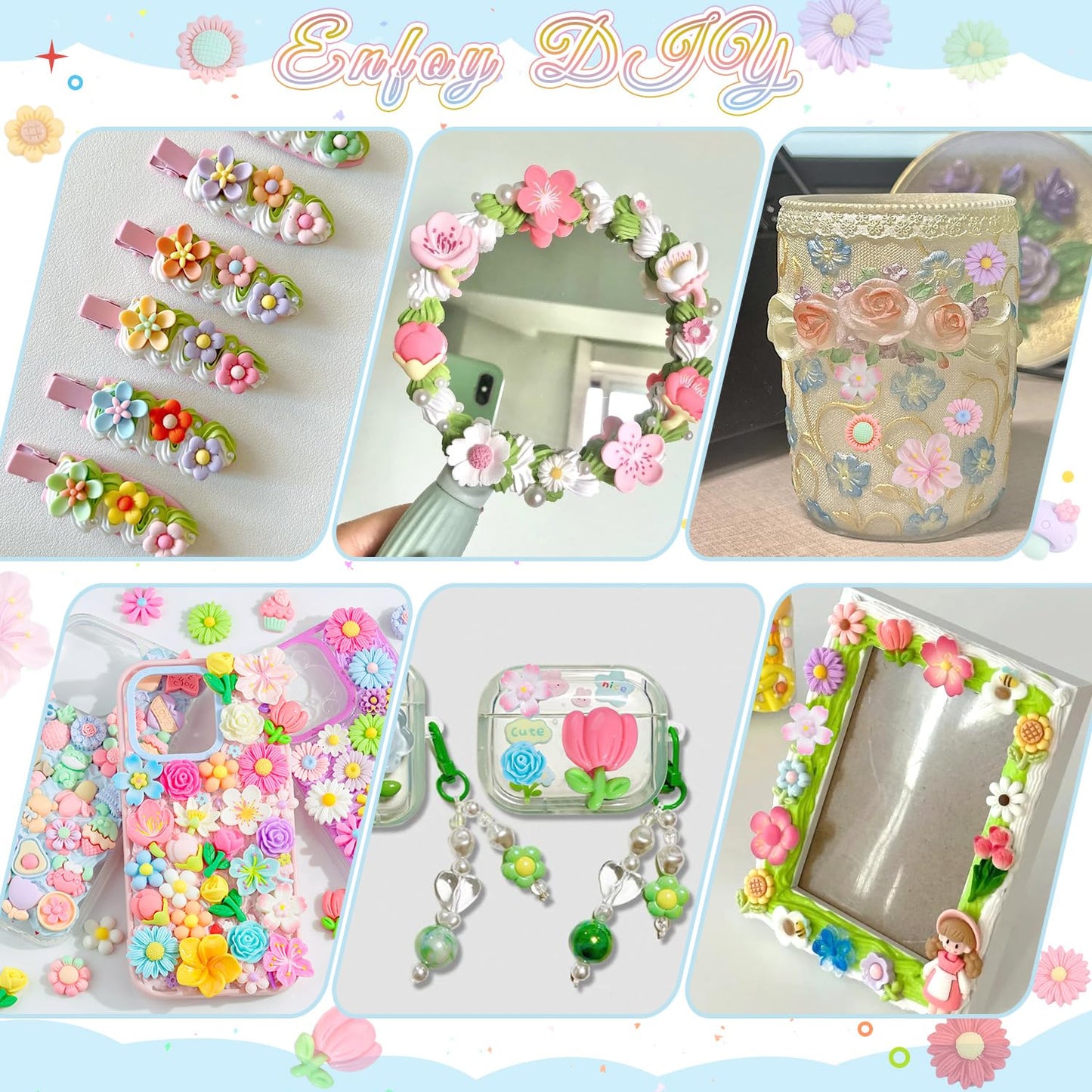 100PCS Flower Slime Charms Cute Flatback Resin Charms for Slime, Kawaii Random Decoden Charm for Embellishments Phone Junk Case Charms Bulk,Hairpins Scrapbooking Crafting DIY Decor