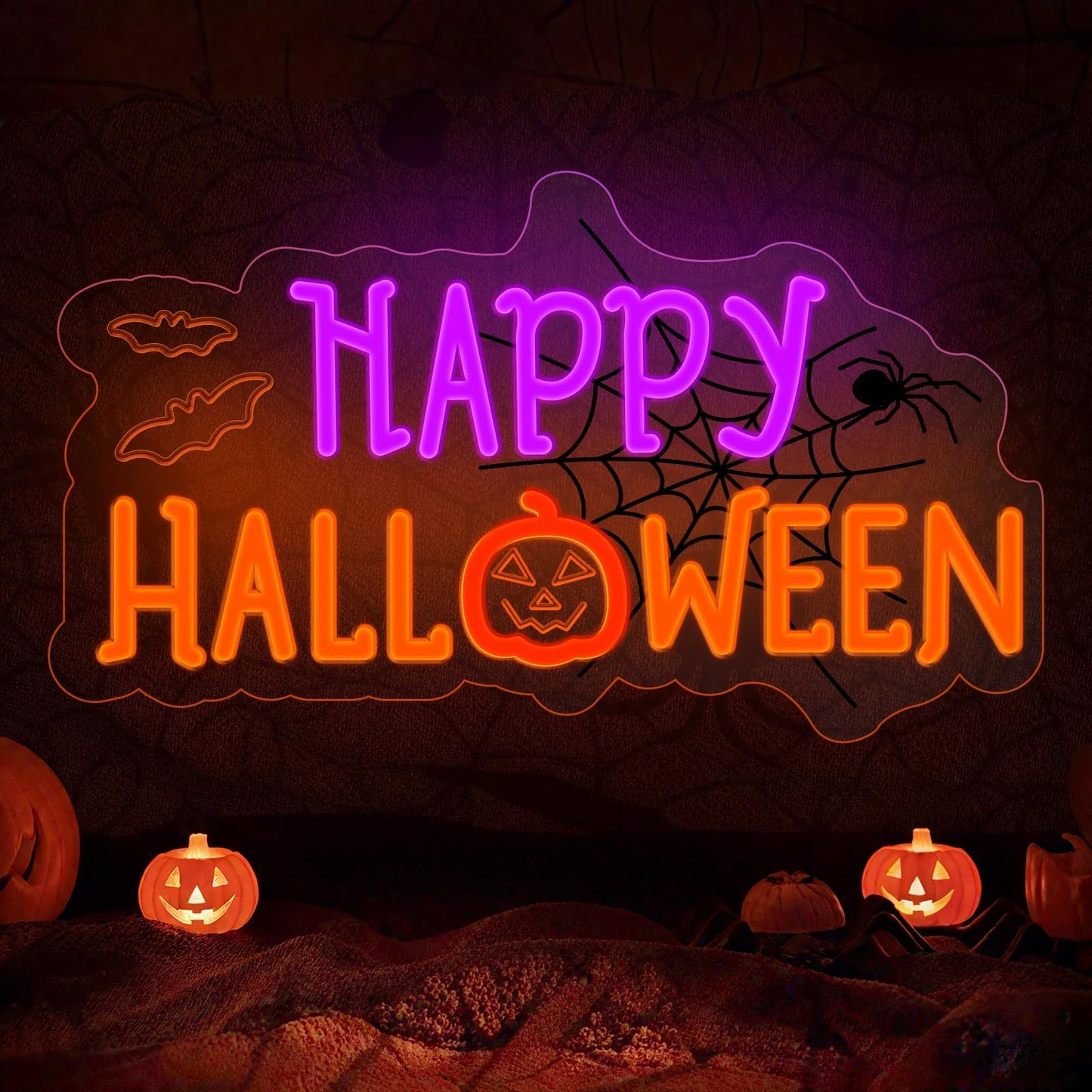 Halloween Neon Sign for Halloween Wall Decor,Dimmable Neon Light Bat & Pumpkin Light Up Signs for Halloween Bedroom Horror Party Bar Background Decoration