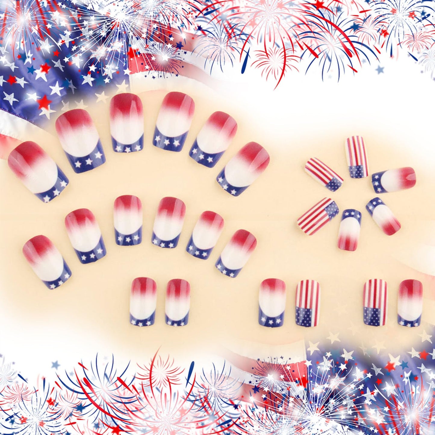 4th of July Press on Nails Glossy Blue French Tips Glue on Artificial Fingernails American Flag Fake Nails 24 Pcs Independence Day Acrylic False Nail HZJXRT Medium Square Stick on Nail for Women Gift