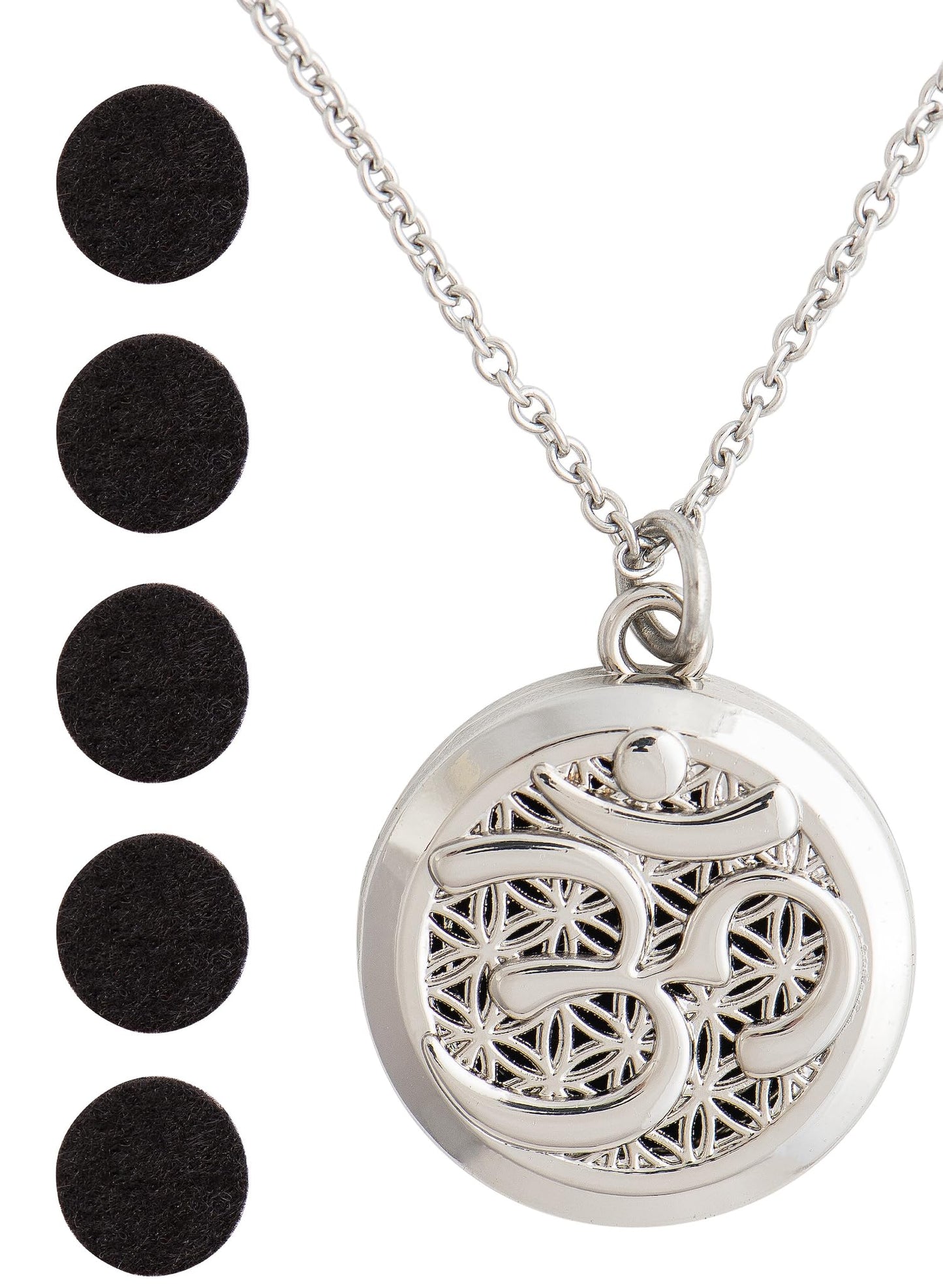 Wild Essentials Silver Aum Om Necklace Essential Oil Diffuser 6 Refill Pads, Calming Aromatherapy Gift Set, Customizable Color Changing, Perfume