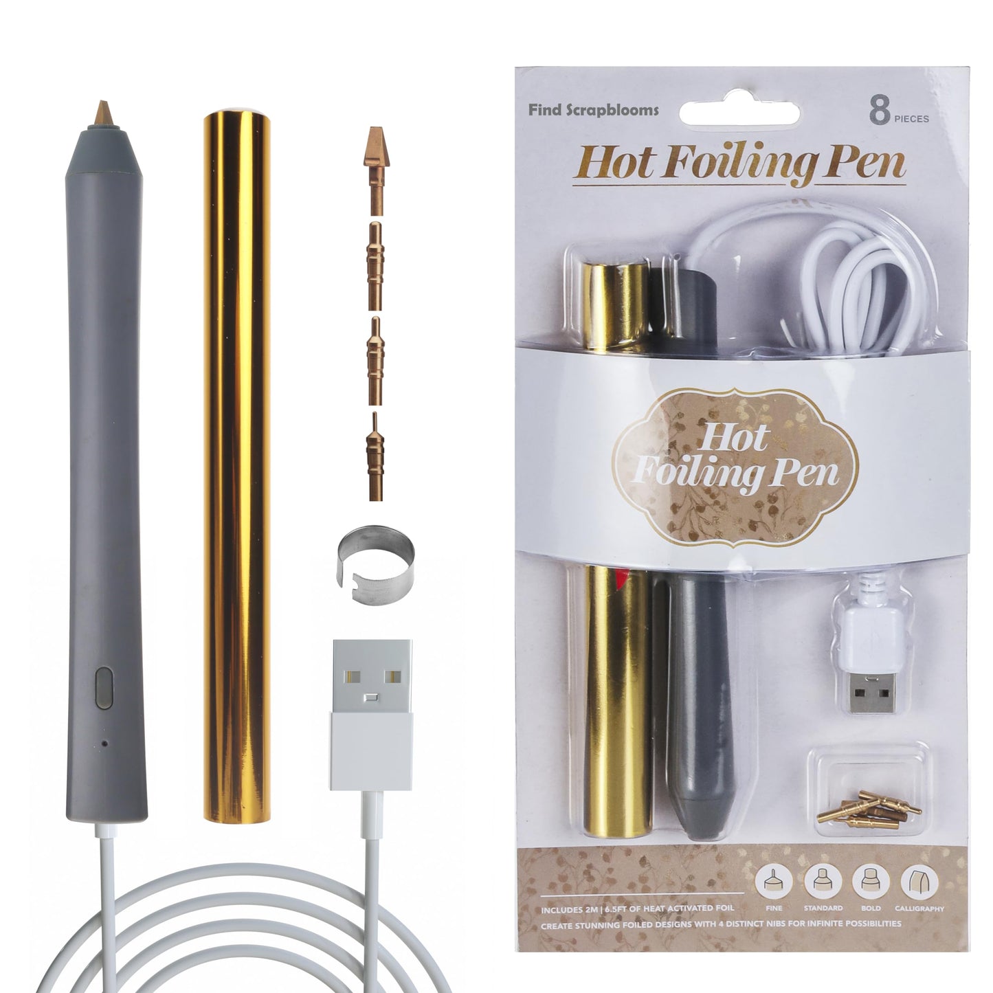 Find Scrapblooms Foil Quill Pen Starter Kit with 4 Size Metal Tips &1pc Heat Activated Foil Rolls, Hot Foiling Pen for Card Making Scrapbooking Tools,USB Powered (Grey)