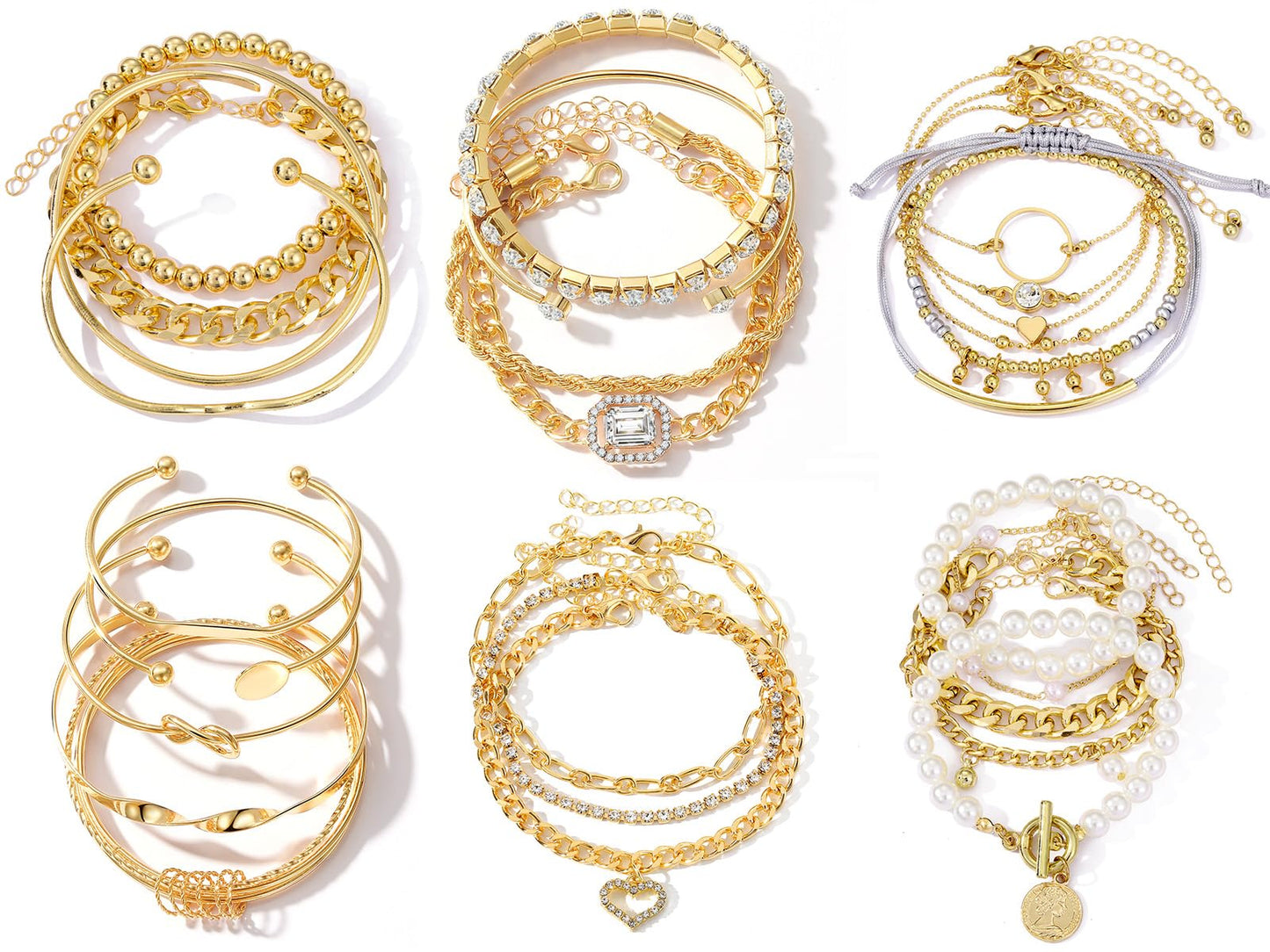 IFKM 6 Pack (27 Pcs) 14K Gold Plated Stackable Open Cuff Bangle Chain Bracelets Set for Women