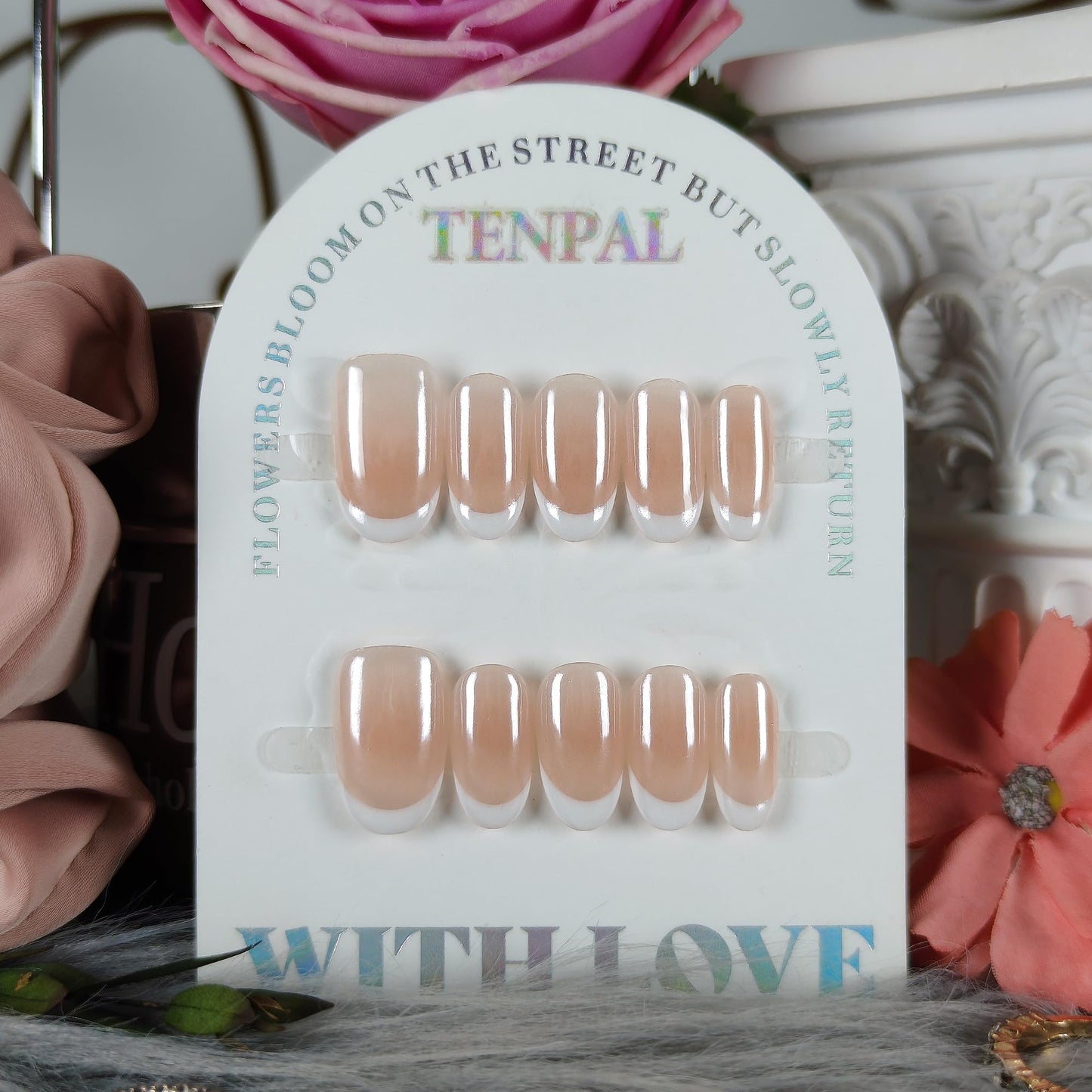 TENPAL Aurora Pearl white French Tips Press on Nails Short Oval Minimalist & Reusable False Nails for Everyday Luxury | Clean Chic Style（M)