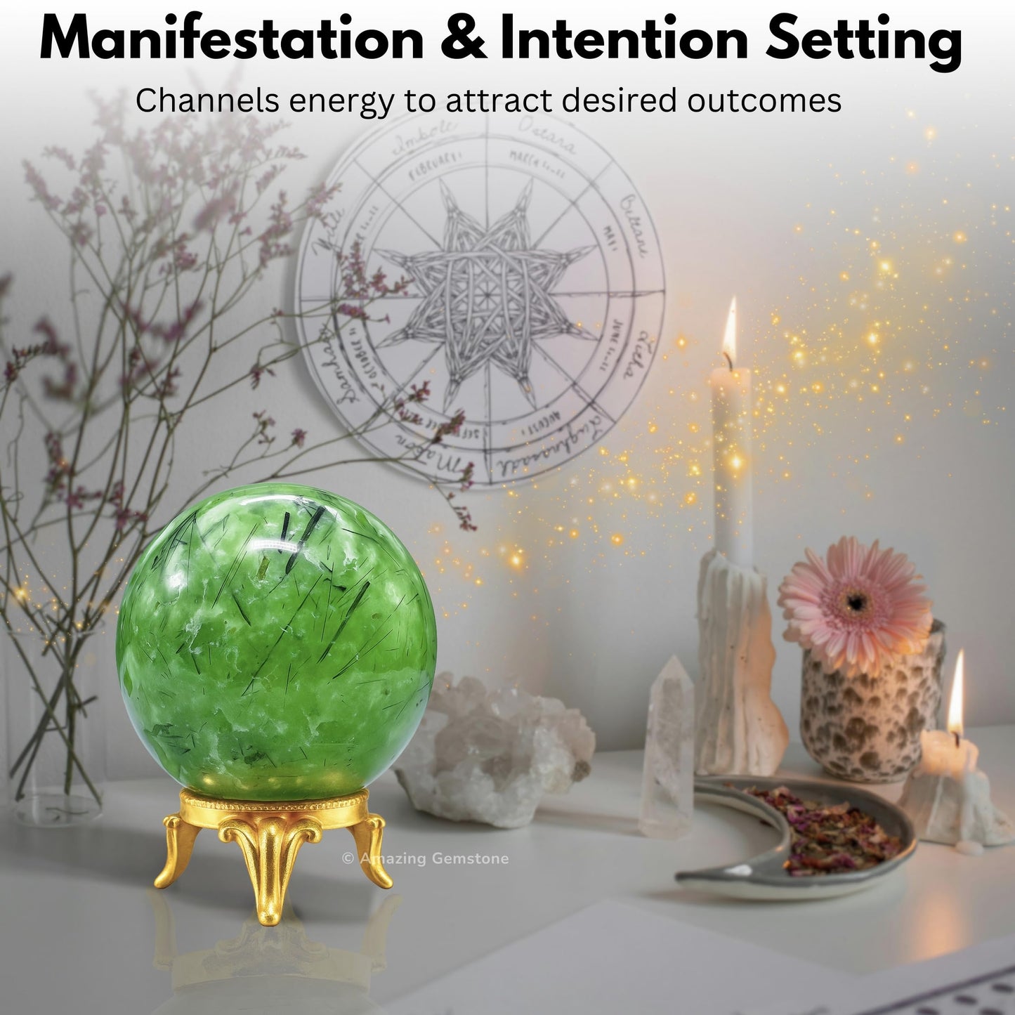 Amazing Gemstone Prehnite Crystal Ball with Stand - 2 Inches Crystal Sphere Meditation Balls for Witchcraft and Decorative Balls