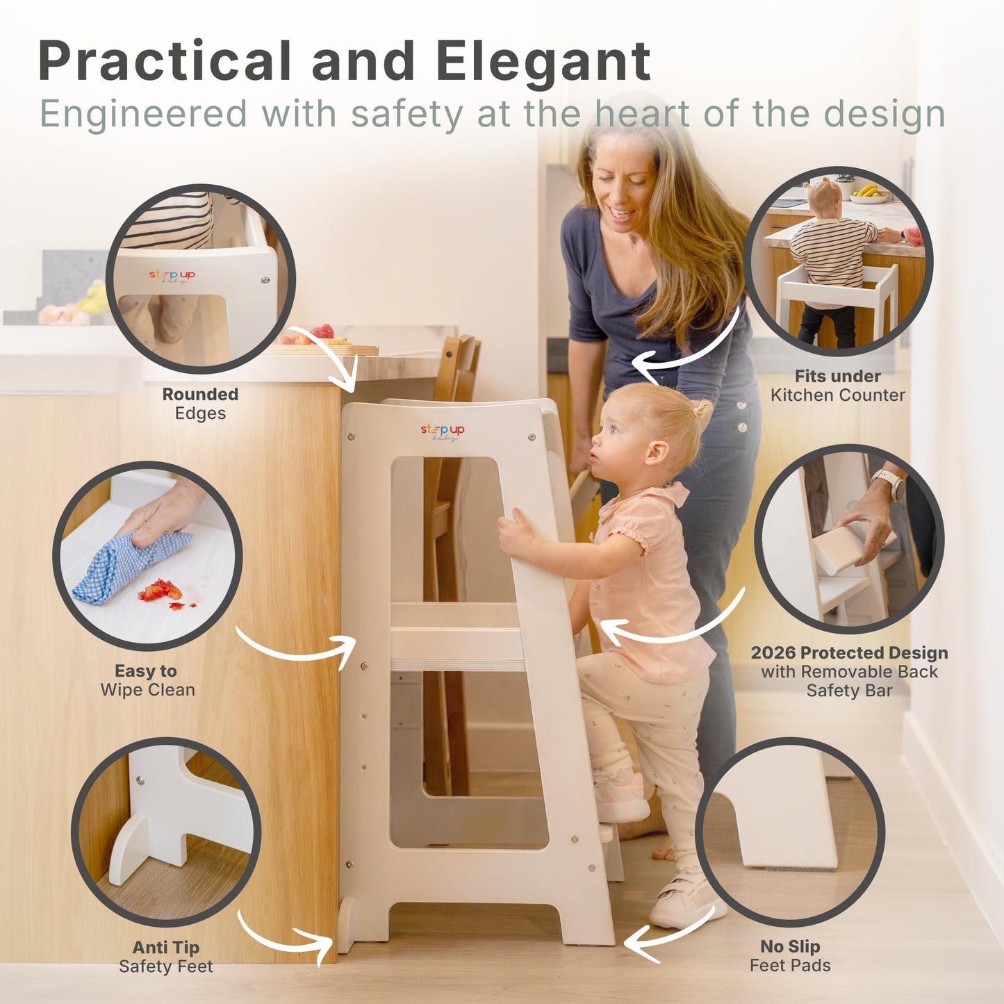 Stepup Baby Toddler Step Stool - Adjustable Height Kids Helper Step Stool, Durable, Non-Slip Platform for Bathroom Sink & Kitchen Counter, Toddler Tower for Exploration and Growth - White
