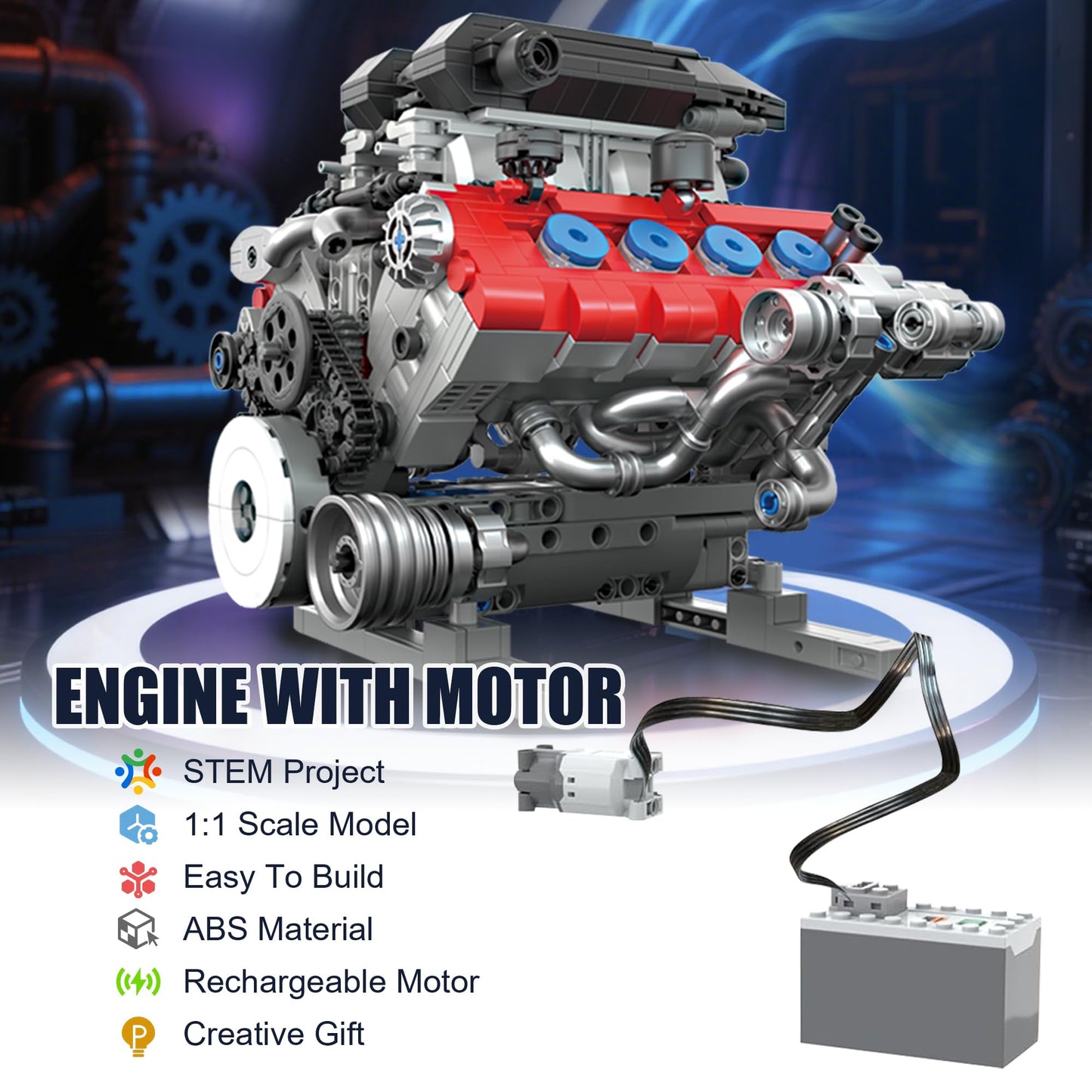 HUNKING V8 Engine Building Set for Adults, Build Your Own MOC Mini V8 Engine STEM Model Toy with Motor, Model kit that Run, Car Engine Building Blocks for Teens & Kids Boys (1189PCS)