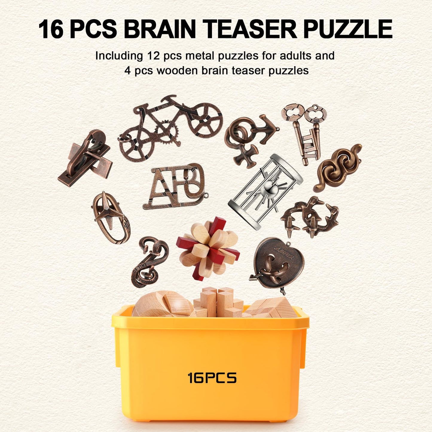 16 PCS Metal & Wooden Brain Teaser Puzzle Set – Challenging Logic & Ring Puzzles for Adults, Entertaining & Thoughtful Gift for Family and Loved Ones