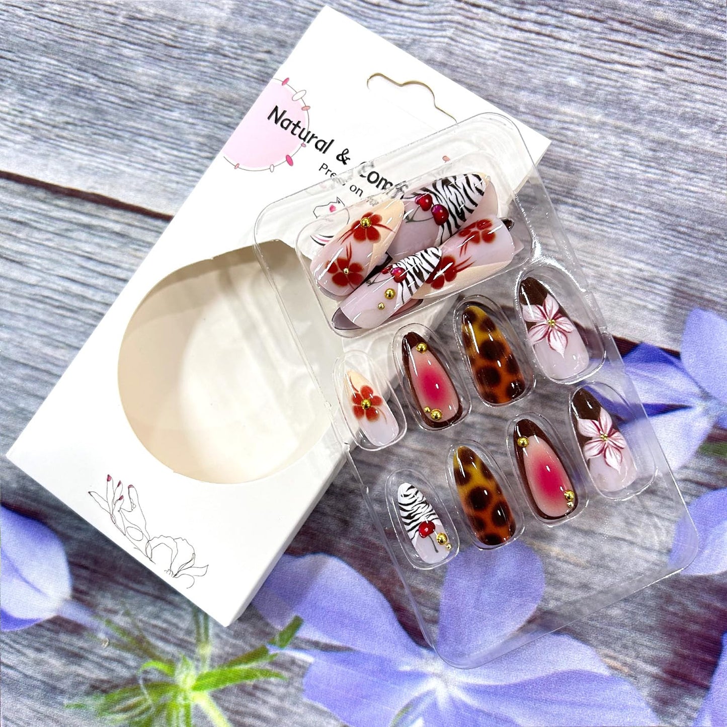 Leopard French Tip Press on Nails Medium Almond Shaped Flower Rhinestones Design Artificial Coffin Nail Full Cover Cherry Stick on Nail Acrylic Press Ons Glossy Glue on Nails for Women 24Pcs