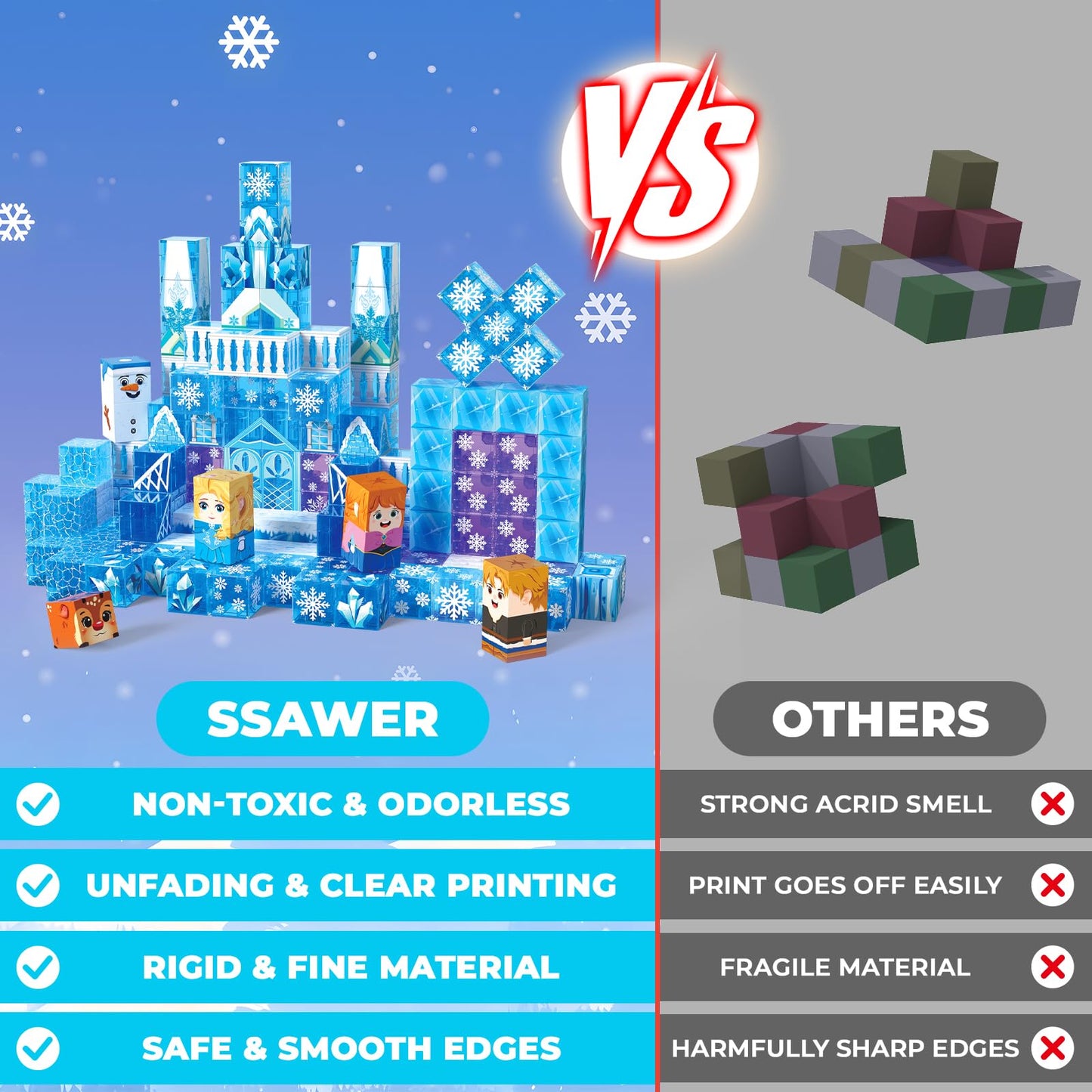 SSAWER Magnetic Blocks, 150PCS Magnetic Building Blocks, Stacking Magnets for Kids, Sensory Toy for STEM Constructions Magnet Blocks for Girls Age 3+, Christmas Birthday Gifts (Snow Castle)