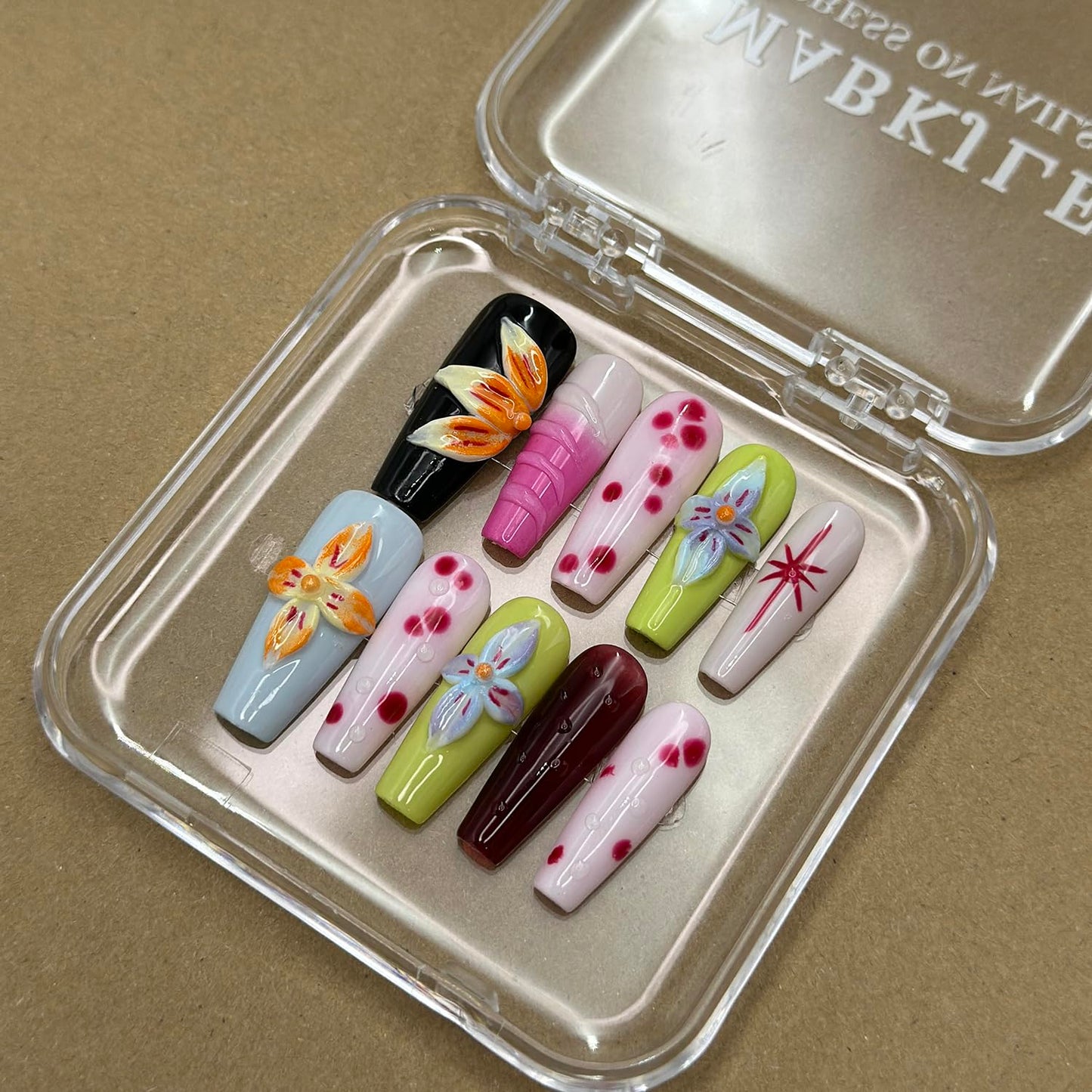 Luxury Press on Nails Medium Coffin Handmade 3D Unique Reusable ABS Material Fake Nails Colorful False Nails with Designs Blue Orange Flower Art Petal Glossy Glue on Nails Thick Acrylic Nails(M)