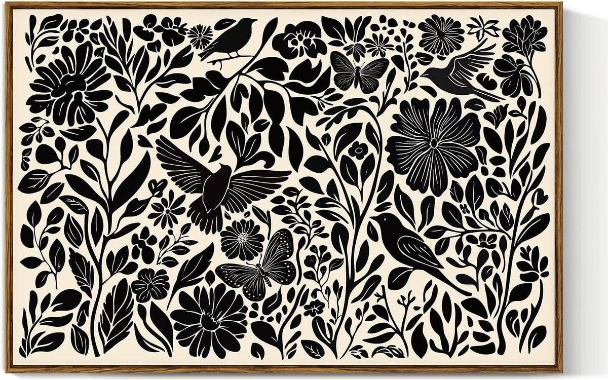 VIYYIEA Framed Canvas Wall Art, Black and White Large Wall Art for Living Room, Print Paintings, Boho Home Office Decor, Bedroom Wall Decor -【Flowers & Birds】-(24"x36")