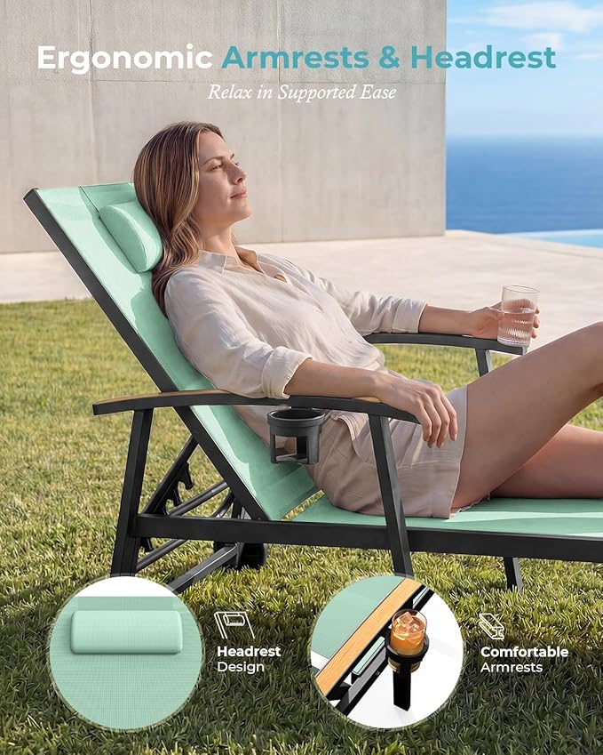 Ciokea Outdoor Lounge Chair with Pillow Set of 4, 5-Position Chaise Lounge with Wheels & Armrests, 400 lbs Heavy Duty Aluminum Pool Lounge Chairs, for Beach, Deck, Poolside & Backyard, Light Green