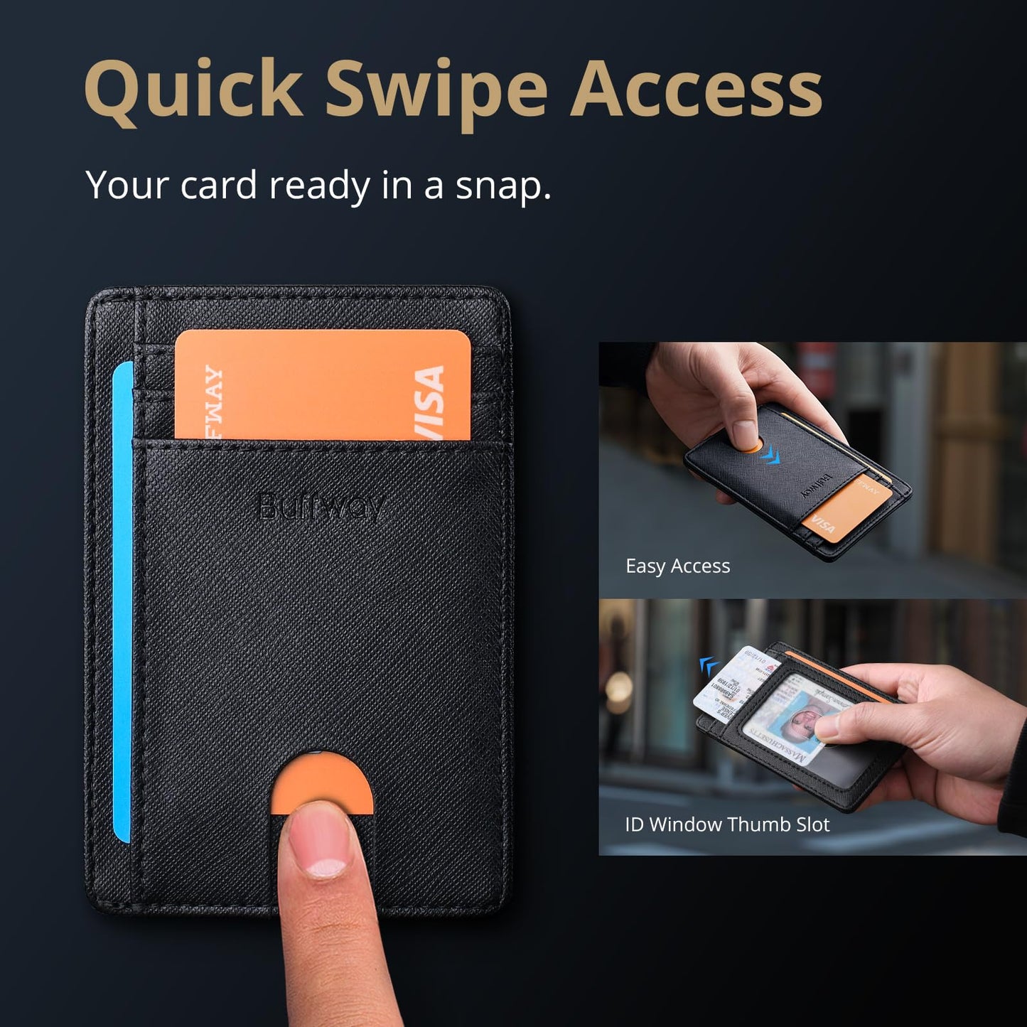 Buffway Slim Minimalist Front Pocket RFID Blocking Leather Wallets for Men and Women - Cross Black