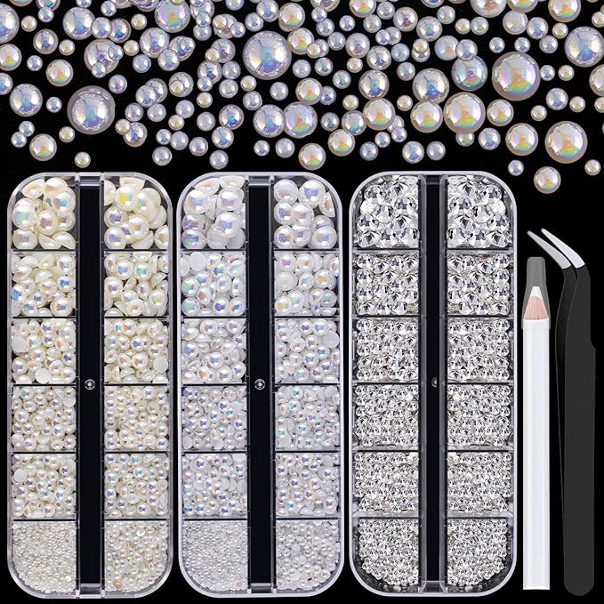4000PCS Flatback Rhinestones and Half Round Pearls Kit #16, Multi Size Glass Clear Crystals, Plastic Flat Back White AB & Beige AB Dome Bead with Pickup Pencil and Tweezer for Nail Art