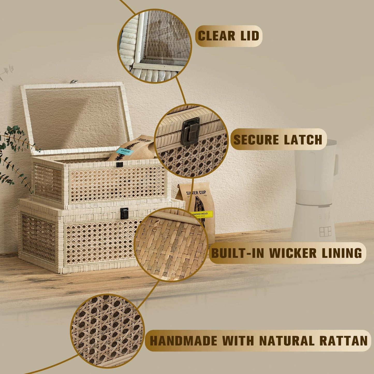 OSMall Decorative Box,Rattan Display Boxes with Lids,Set of 3-Rectangular Decorative Storage Box Set,Natural Woven Storage Bins for Home Decor