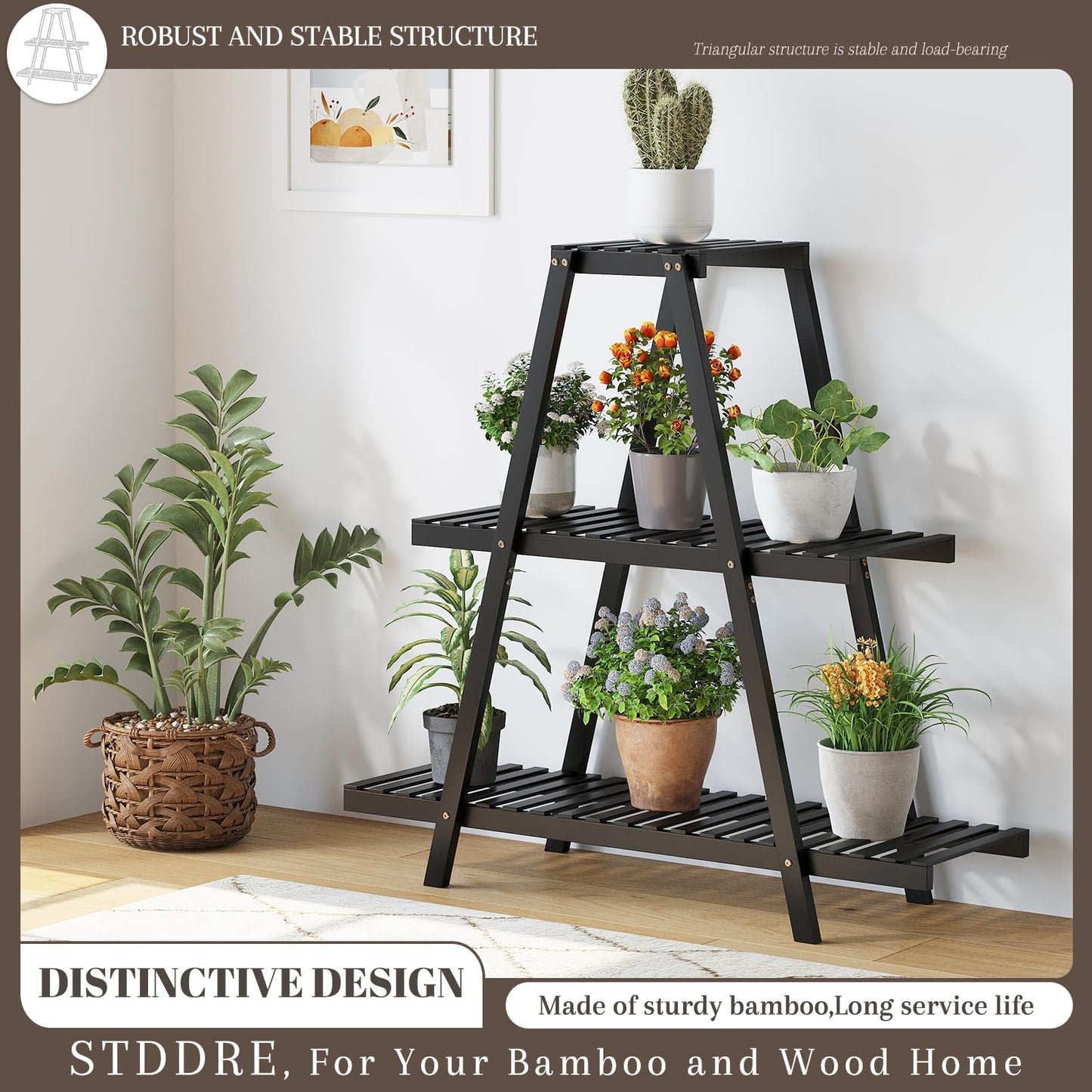 STDDRE Plant Stand For Indoor Outdoor Tiered Plant Shelf 3 Tier 8 Potted Bamboo Flower Holder Ladder Rack For Multiple Triangle Table Plant Pot Stand (Black)