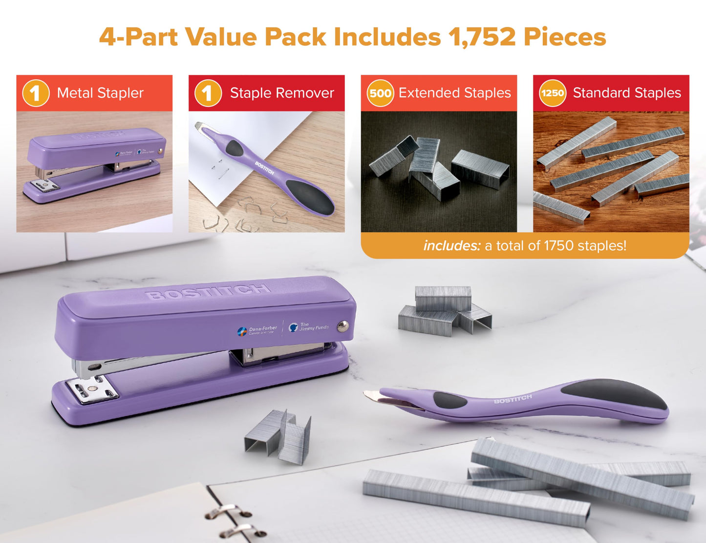 Bostitch Titan Heavy Duty Metal Stapler, 50 Sheet Capacity with 1250 Staples and Ergonomic Staple Remover, Jam Free Stapling, Full Strip Stapler for Desk, Office and Classroom, Purple
