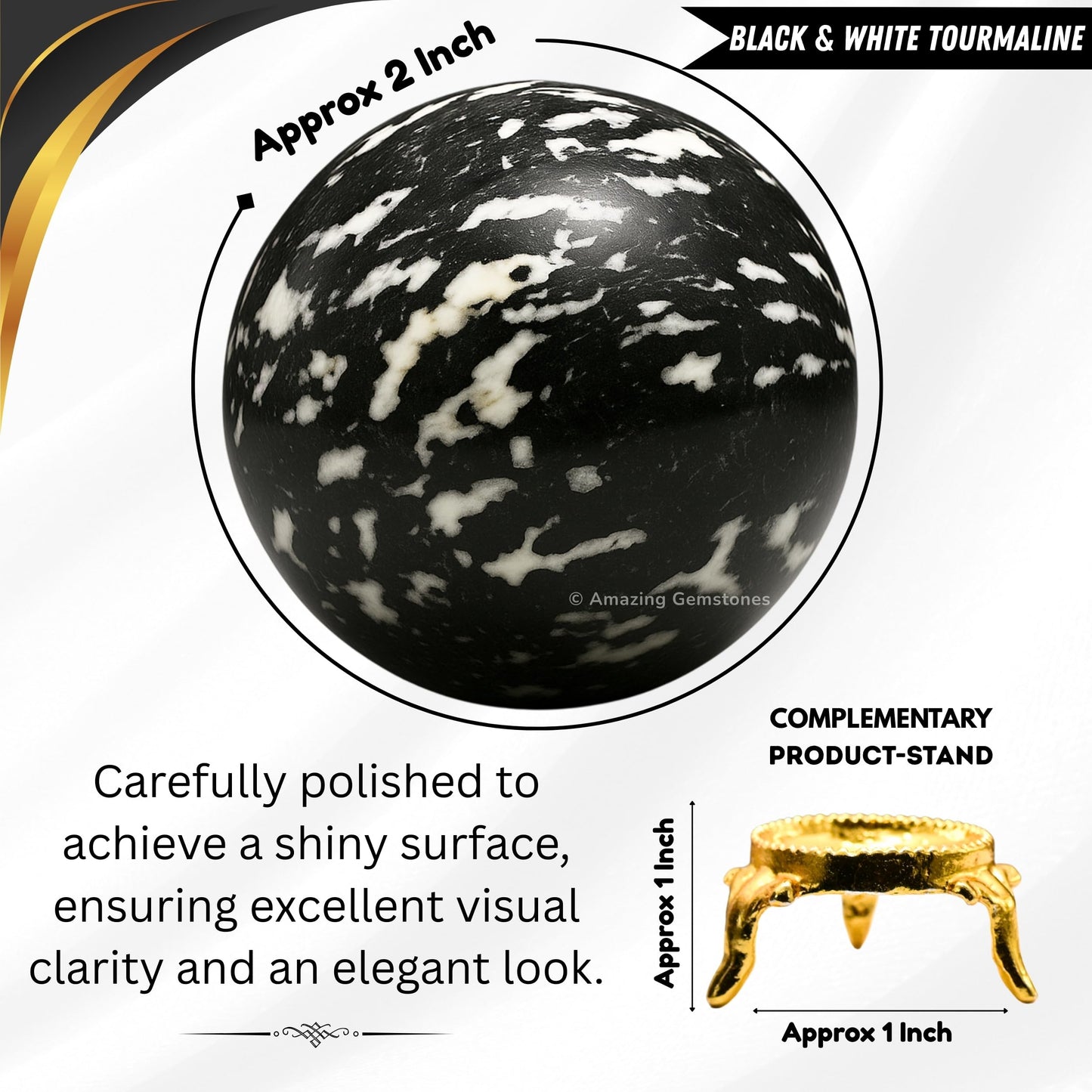 Amazing Gemstone Black and White Tourmaline Crystal Ball with Stand - 2" Inches Crystal Sphere Meditation Balls for Witchcraft and Decorative Balls
