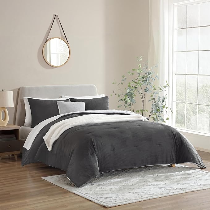 UGG Remina Comforter Set 5 Piece Bed in a Bag with Throw Blanket, Decorative Pillow, Shams, and Reversible Comforter Hypoallergenic Washable Luxury Warm Fluffy Bedding Set, Full/Queen, Charcoal Grey