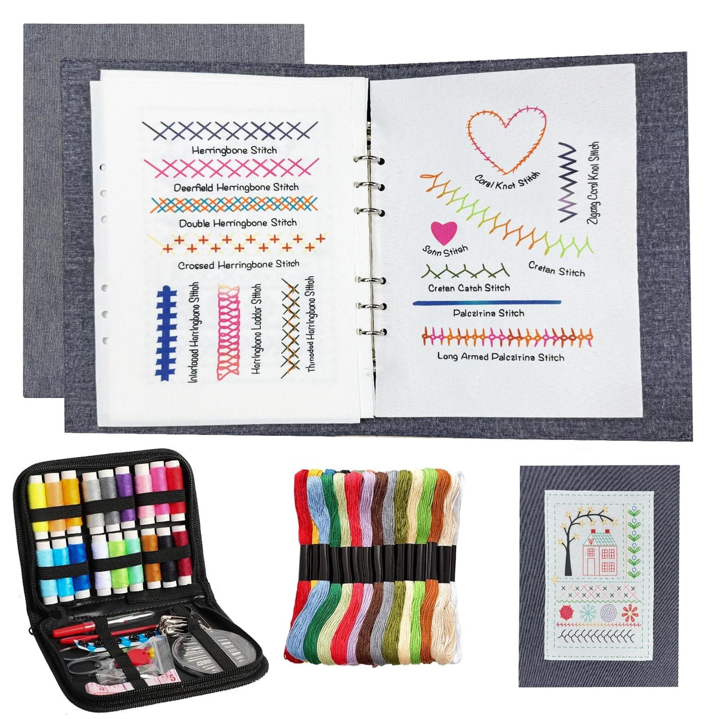 pzvdsog 2026 Upgraded Removable Stitch Book Kit with Extra Thick Threads, Needles Threader Thimble Sewing Tool, DIY Embroidery Stitch Bo-ok kit, 108 Pattern for DIY and Sew Enthusiast