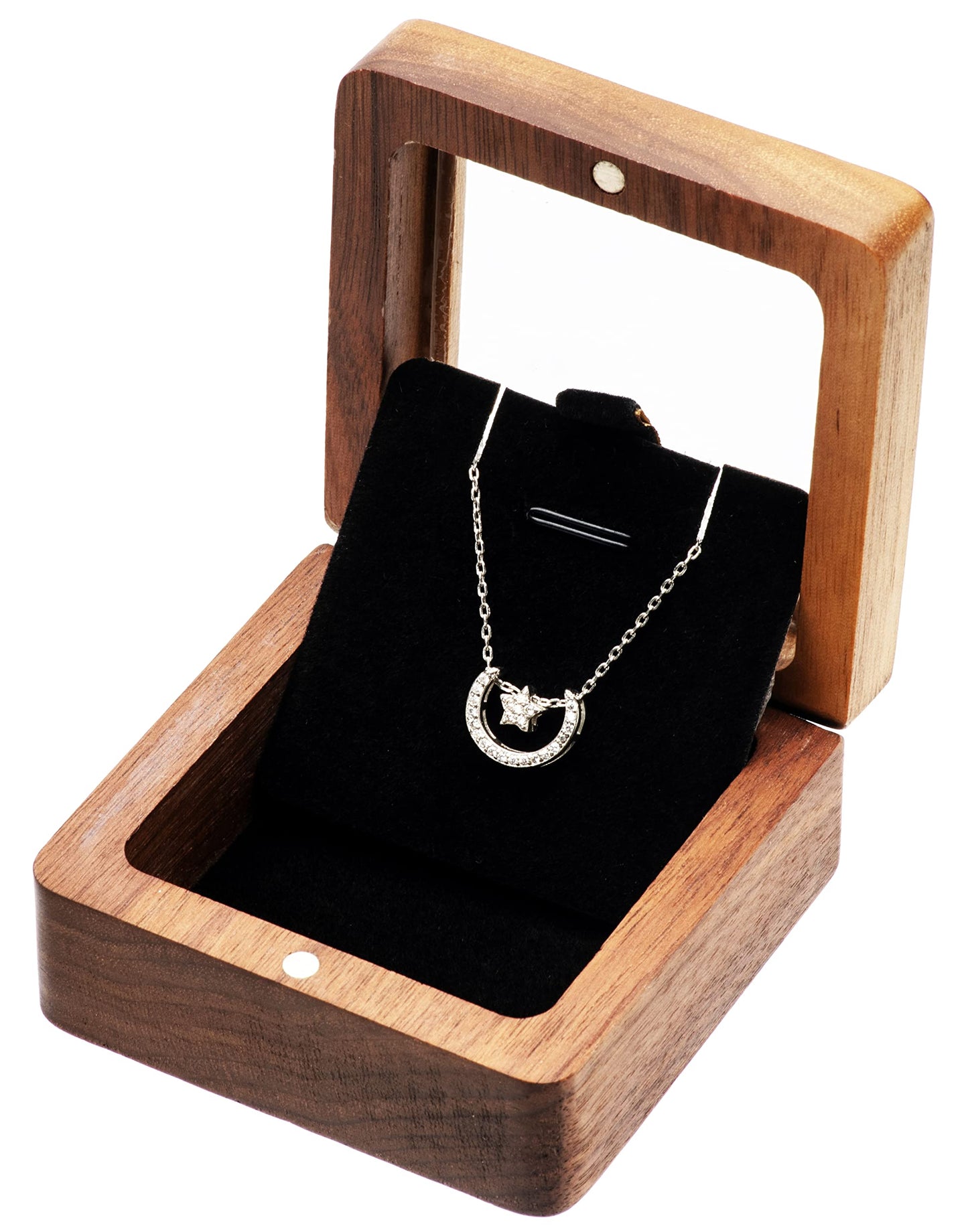 COSISO Vintage Natural Walnut Wood Necklace Box with Acrylic Lid,Pendant Storage Case Jewelry Display Box for Anniversary Propose Christmas