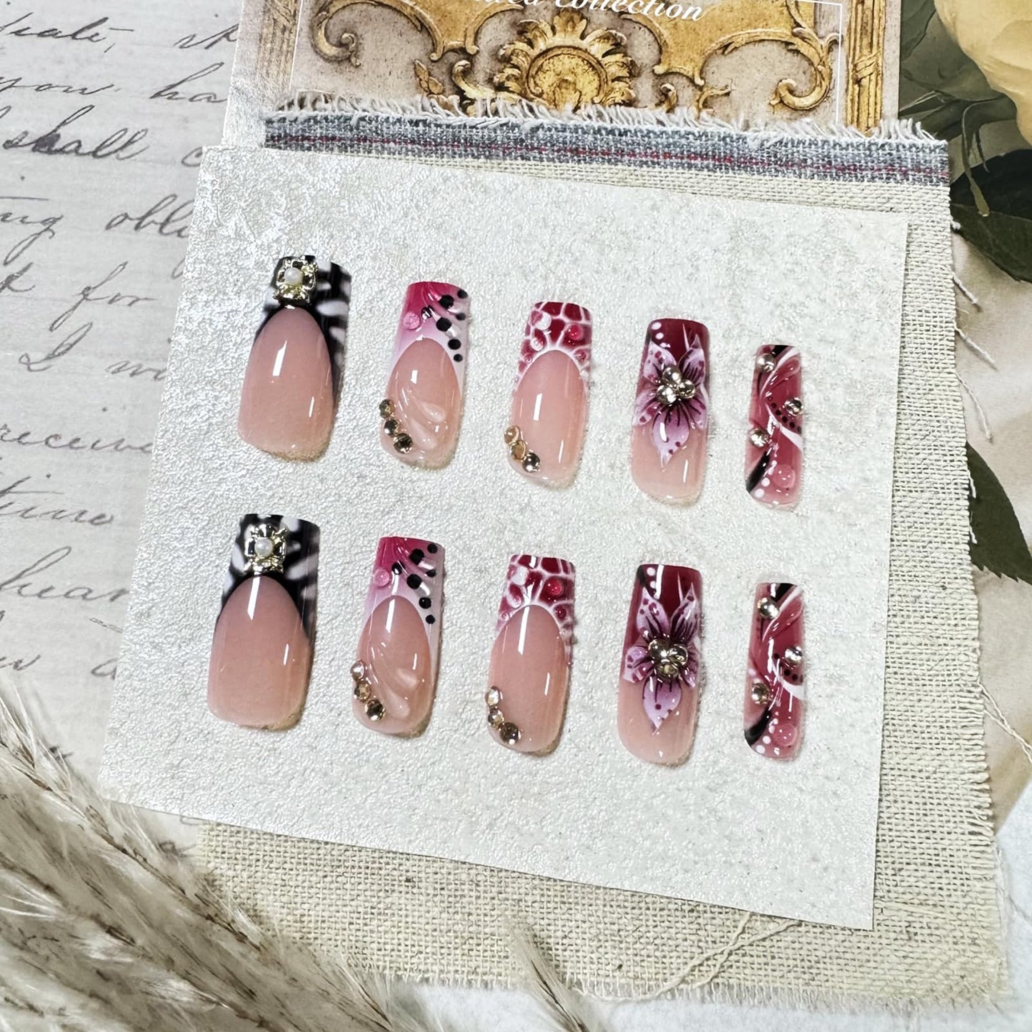 IMRAIN Press on Nails Long Square Fake Nails Pink French Tips False Nails with Crocodile Print Designs Handmade 3D Flower, Rhinestone Glue on Nails