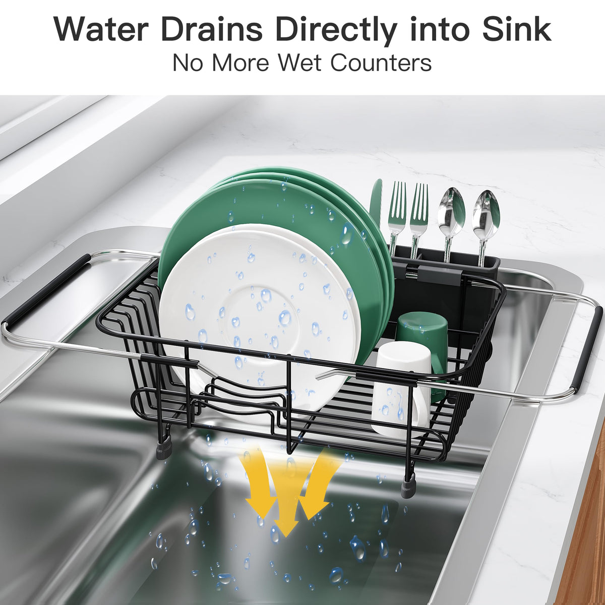 Black Dish Drying Rack in Sink with Utensil Holder
