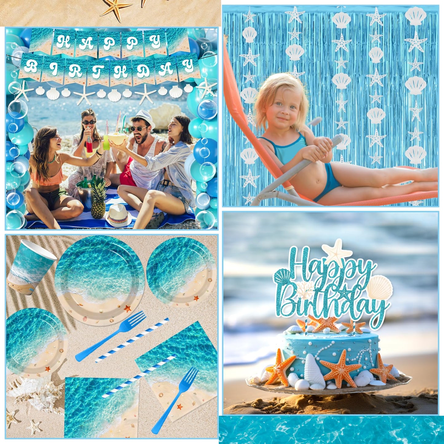 Beach Party Decorations, 273Pcs Ocean Waves Birthday Supplies Summer Pool Beach Birthday Party Decorations Tableware,Banner,Tablecloth,Starfish Bubble Garlands,Balloons,Cake Topper,Fringe Curtains