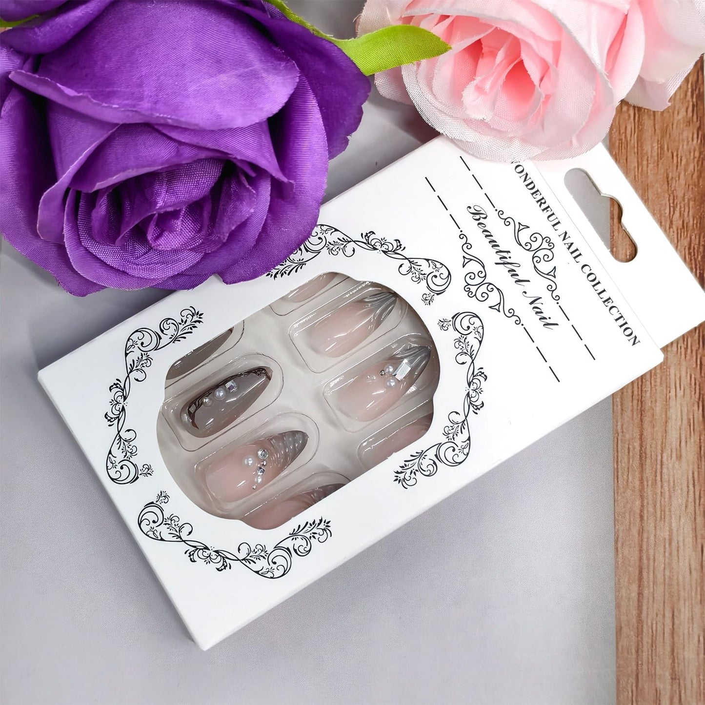 Press on Nails Medium Length Artificial Acrylic French Silver Irregular Lines 3D Ripple with Rhinestones Pearl Design Glitter Almond Glue on Stick on Nail Artificial Fingernails for Women Manicure