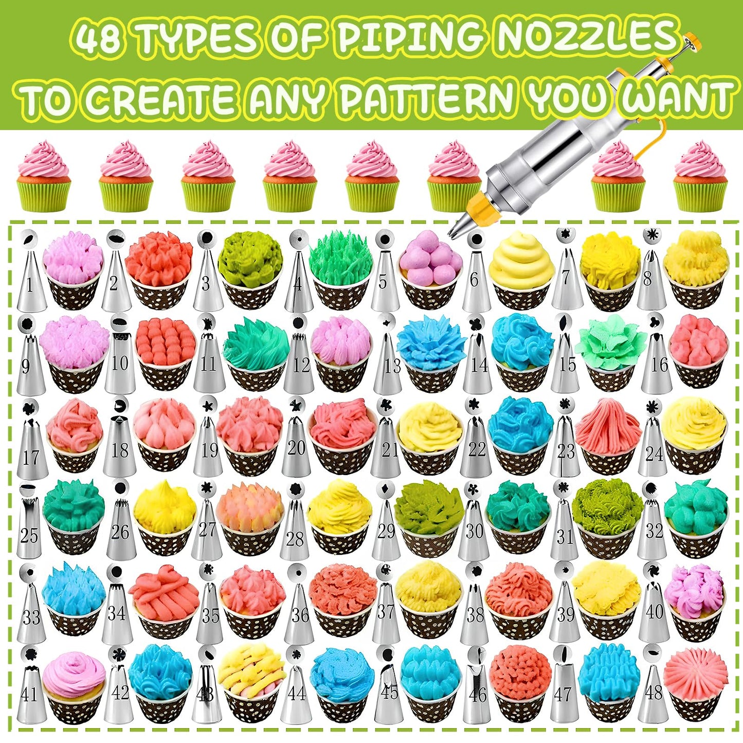 NOVANO Dessert Decorating Syringe Set, Frosting Piping Kit Stainless Steel Cake Decorating Kit with 54 Piping Tips & 9 Silicone Cupcakes, Yellow