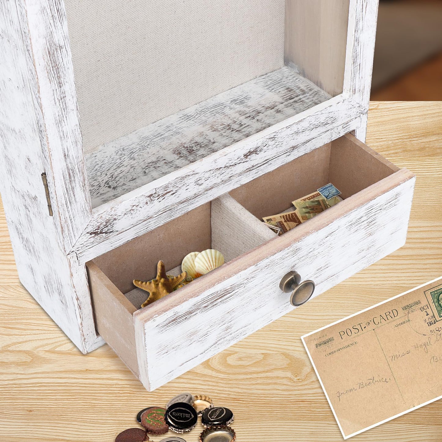 Butizone Shadow Box Frame, 3.2” Deep Shadow Box Display Case with Real Glass and Drawer, Rustic Wood Memory Boxes for Pictures, Flowers, Memorial, Medals, Wedding Bouquet for Wall or Tabletop, White