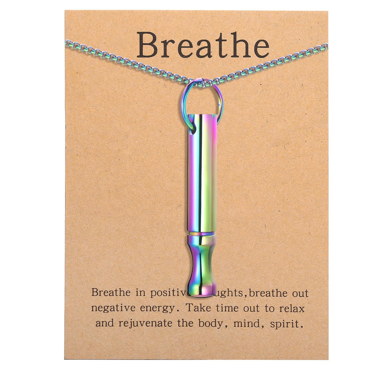 Mindfulness Breathing Necklace Stress Relief Pendant Stainless Steel Anxiety Breathe Necklace for Women Men (Rotundity, Rainbow)