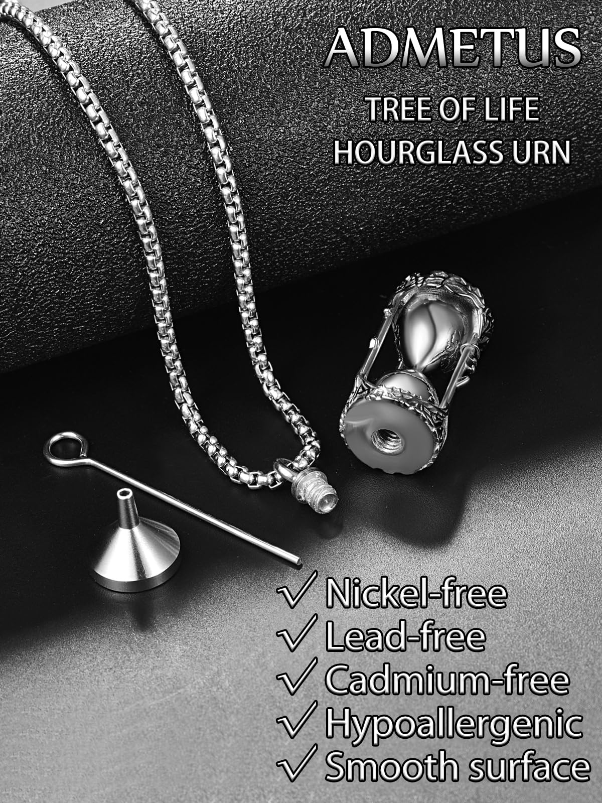 ADMETUS Tree of Life Hourglass Urn Necklaces for Ashes Silver Cremation Jewelry for Ashes for Men Ash Keepsake Pendant Memorial Gifts