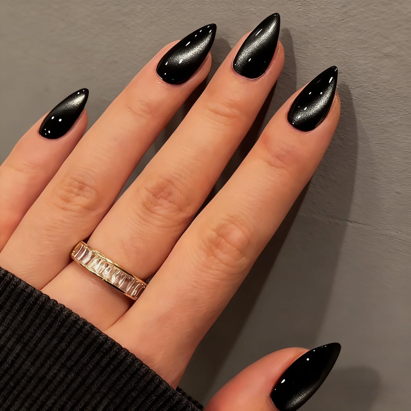 KQueenest Cat Eye Press On Nails Almond - Black Press On Nails Medium Stiletto, 30 Pcs 15 Sizes Glitter Fake Nails Press ons, Upgrade Thick Quality, Reusable Glue on Nail for Women Goth Party