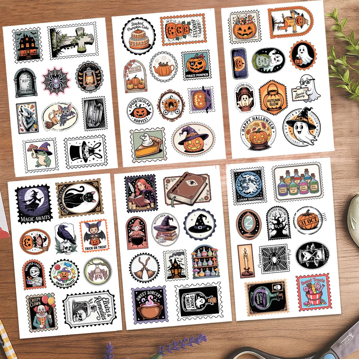 60Pcs Halloween Stickers Pack – Cute Spooky Stamps with Ghosts, Pumpkins, Witches, Haunted Houses, Candies, Clowns, and More – Perfect for Scrapbooking, Water Bottles, Journals, and Gift Decorations