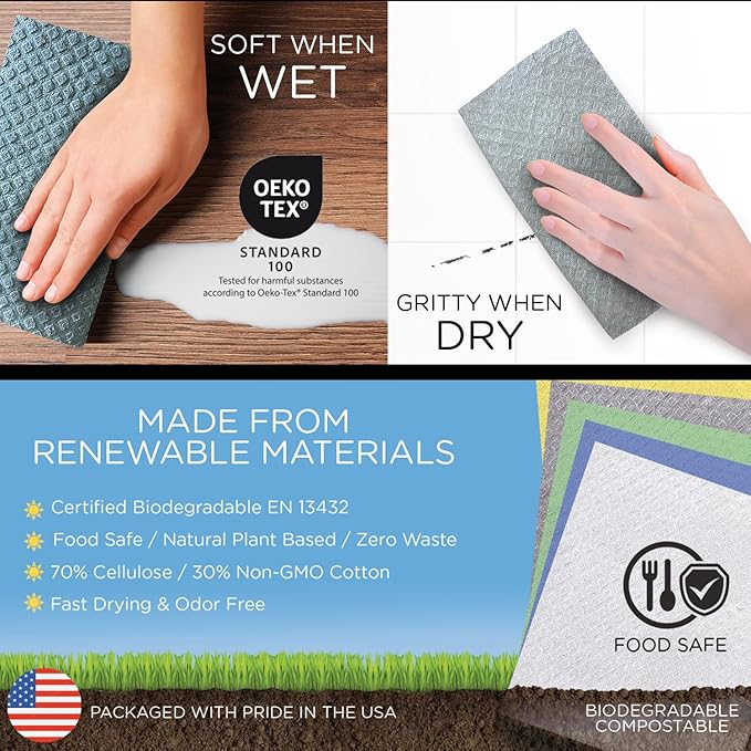 LOLA Wowables XL Swedish Dishcloths, 30 Reusable Eco Cleaning Cloths, 11" x 10", Ultra Absorbent Cellulose Sponge Towel, Compostable, Made in Germany